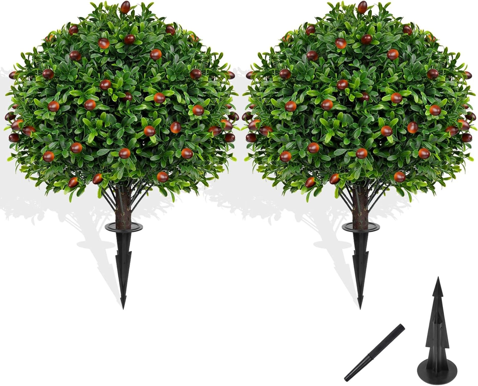 Grooy Artificial Boxwood Topiary Tree with Olive, Set of 2 Artificial Shrub Bushes with Ground Spike, Fake Evergreen Tree for Porch, Artificial Plants for Outdoor Planters Indoor UV Resistant