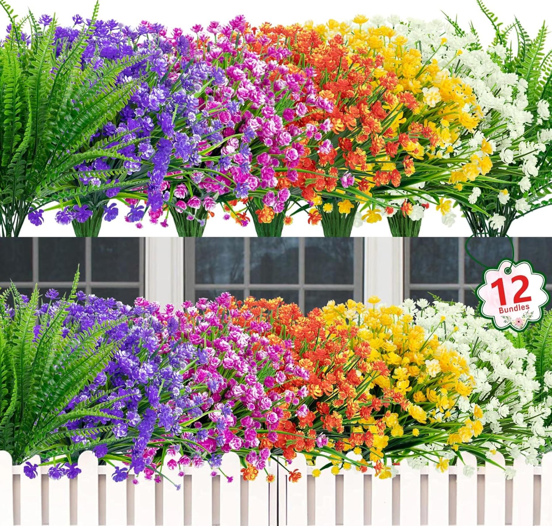 Ouddy Decor 12 Bundles Artificial Flowers for Outdoors UV Resistant Fake Plastic Plants Faux Boston Fern Greenery Stems for Spring Summer Indoor Garden Patio Window Box Kitchen Home Decor, Mixedcolor