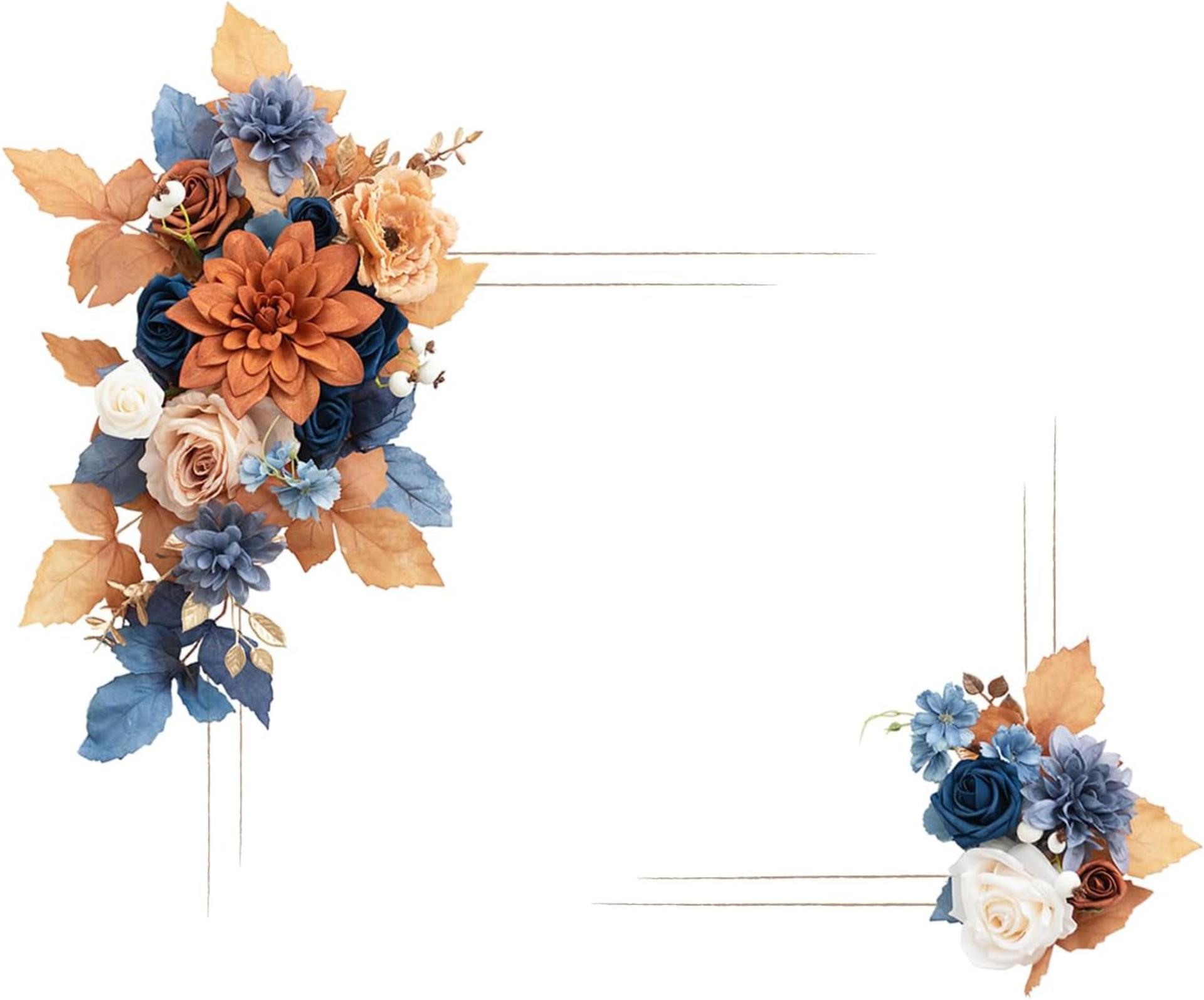 Ling's Moment 2pcs Artificial Welcome Sign Swag Wedding Arch Flowers Backdrop Decorations Floral Garland Orange Terracotta Navy Blue Rose Ceremony Party Reception board Door Wall Home Entryway Outdoor