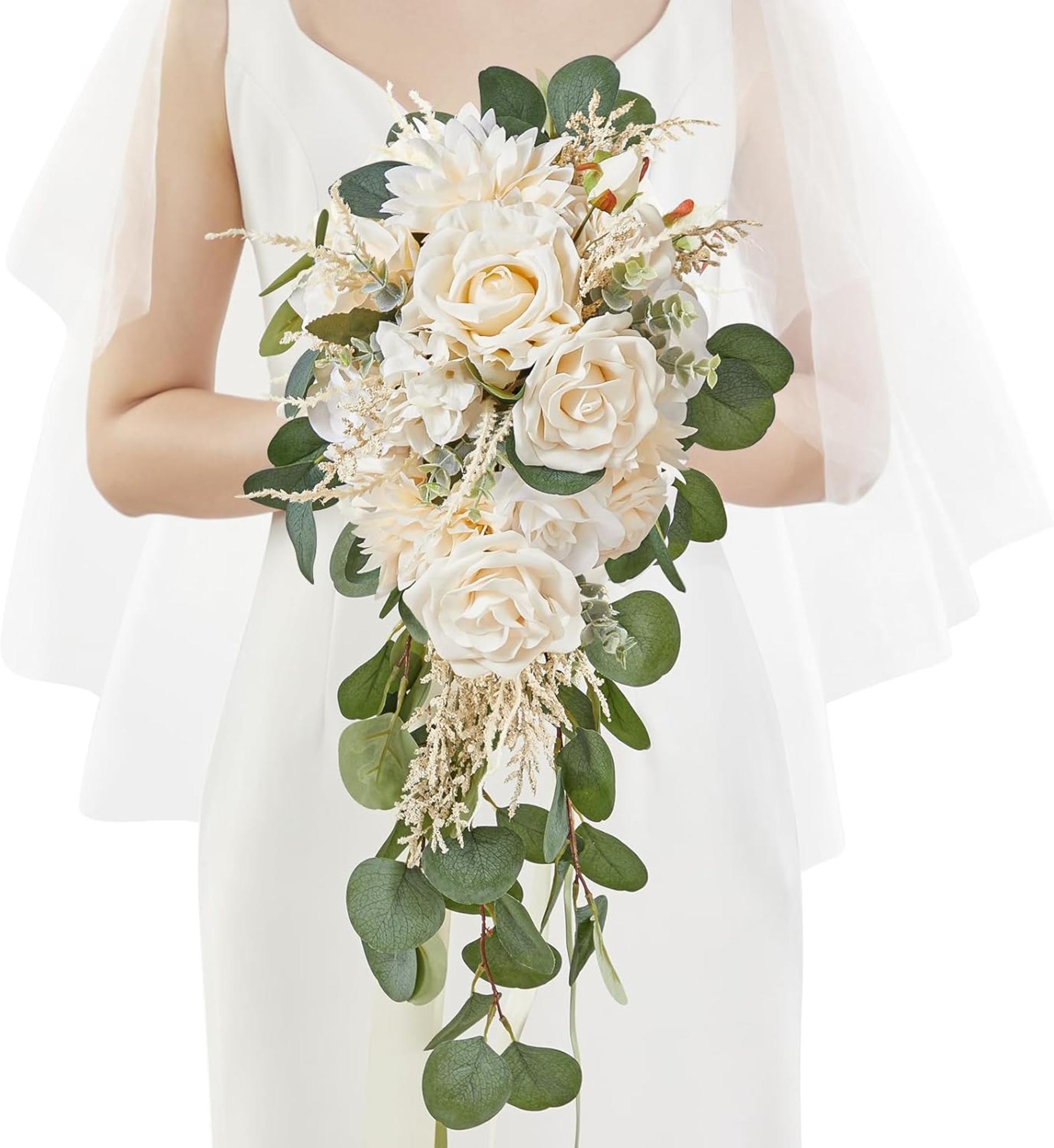 Serwalin 9.8in Wedding Bouquets for Bride, Boho Champagne Roses & Dahlia Flowers for Wedding Decoration