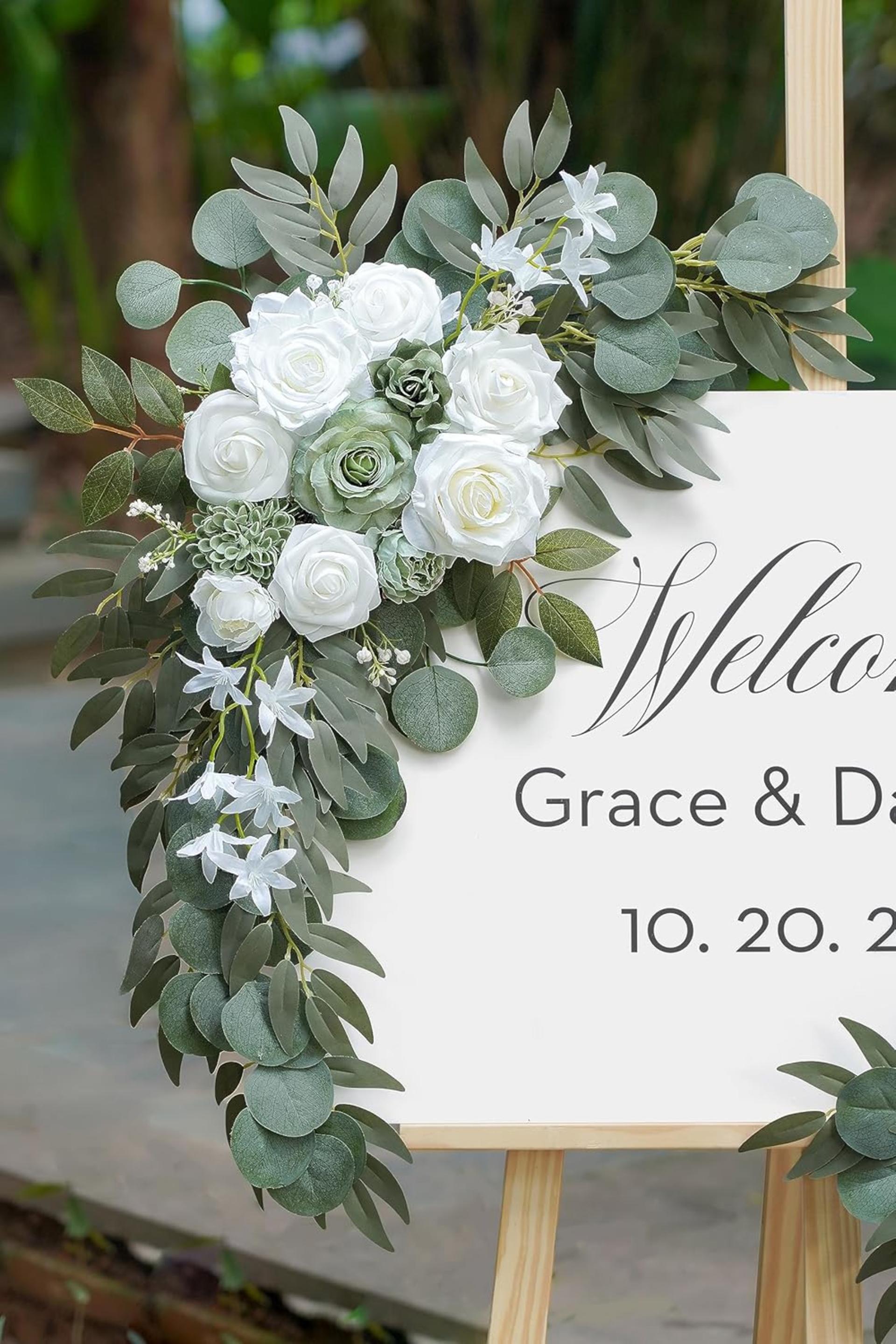 2-Pack Sage Green & White Wedding Flower Swag Set, Large: 35.43"L x 14.56"W, Small: 24.80"L x 12.99"W, Artificial Flowers for Wedding Arch, Ceremony, Table Centerpieces, Wall Hanging - 4