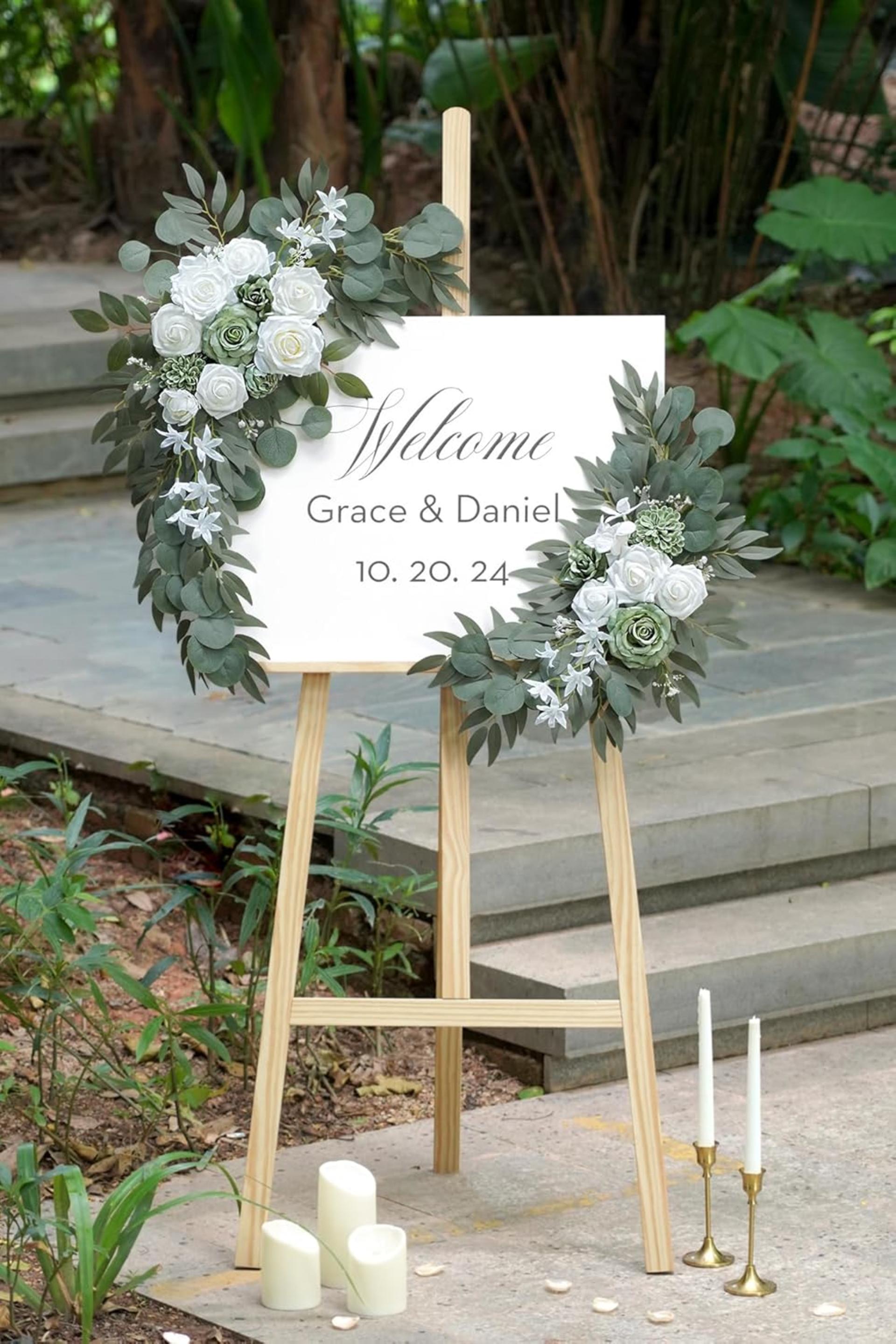 2-Pack Sage Green & White Wedding Flower Swag Set, Large: 35.43"L x 14.56"W, Small: 24.80"L x 12.99"W, Artificial Flowers for Wedding Arch, Ceremony, Table Centerpieces, Wall Hanging - 3