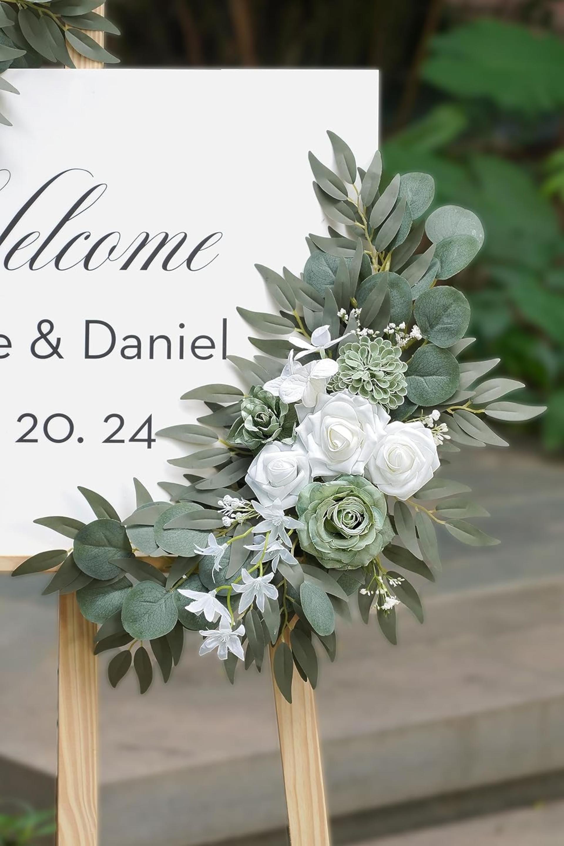 2-Pack Sage Green & White Wedding Flower Swag Set, Large: 35.43"L x 14.56"W, Small: 24.80"L x 12.99"W, Artificial Flowers for Wedding Arch, Ceremony, Table Centerpieces, Wall Hanging - 5