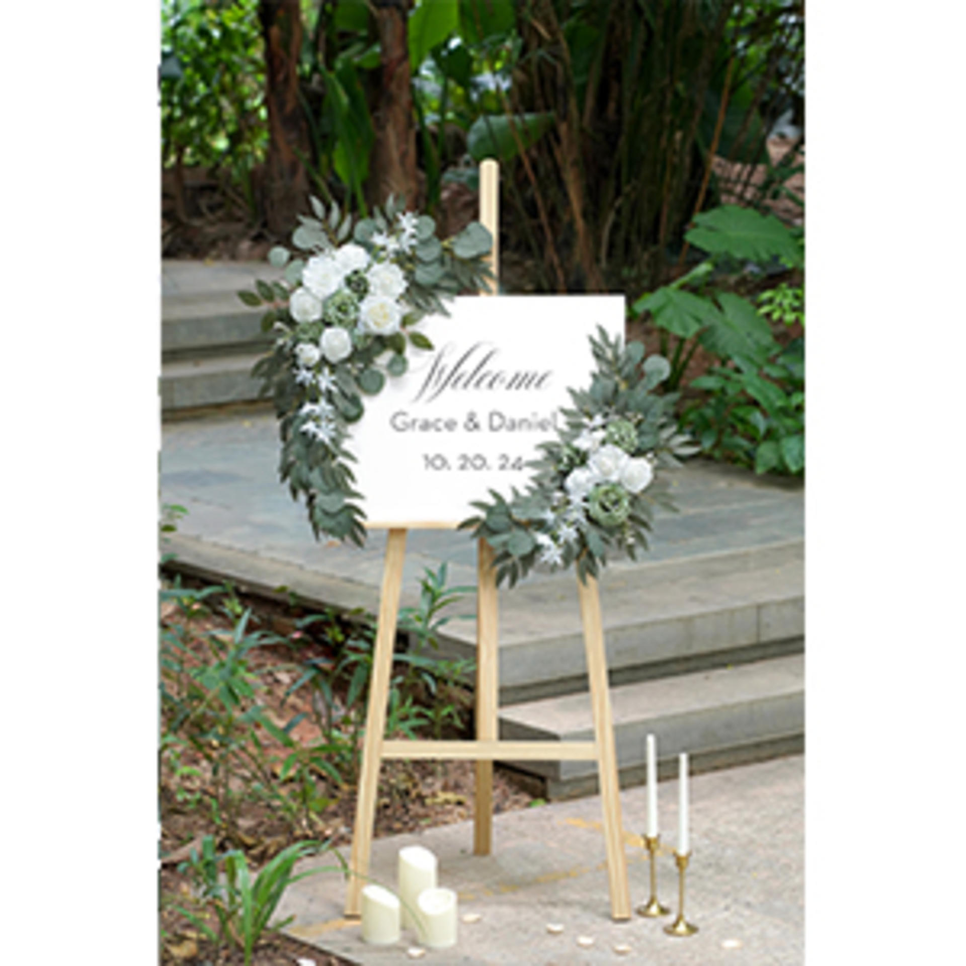 2-Pack Sage Green & White Wedding Flower Swag Set, Large: 35.43"L x 14.56"W, Small: 24.80"L x 12.99"W, Artificial Flowers for Wedding Arch, Ceremony, Table Centerpieces, Wall Hanging detail 3