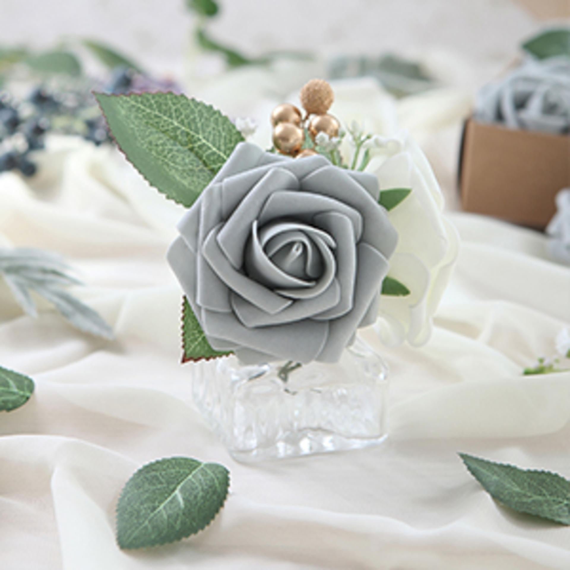 Floroom Artificial Flowers 50pcs Real Looking Silver Grey Foam Fake Roses with Stems for DIY Wedding Bouquets Bridal Shower Centerpieces Floral Arrangements Party Tables Home Decorations detail 4