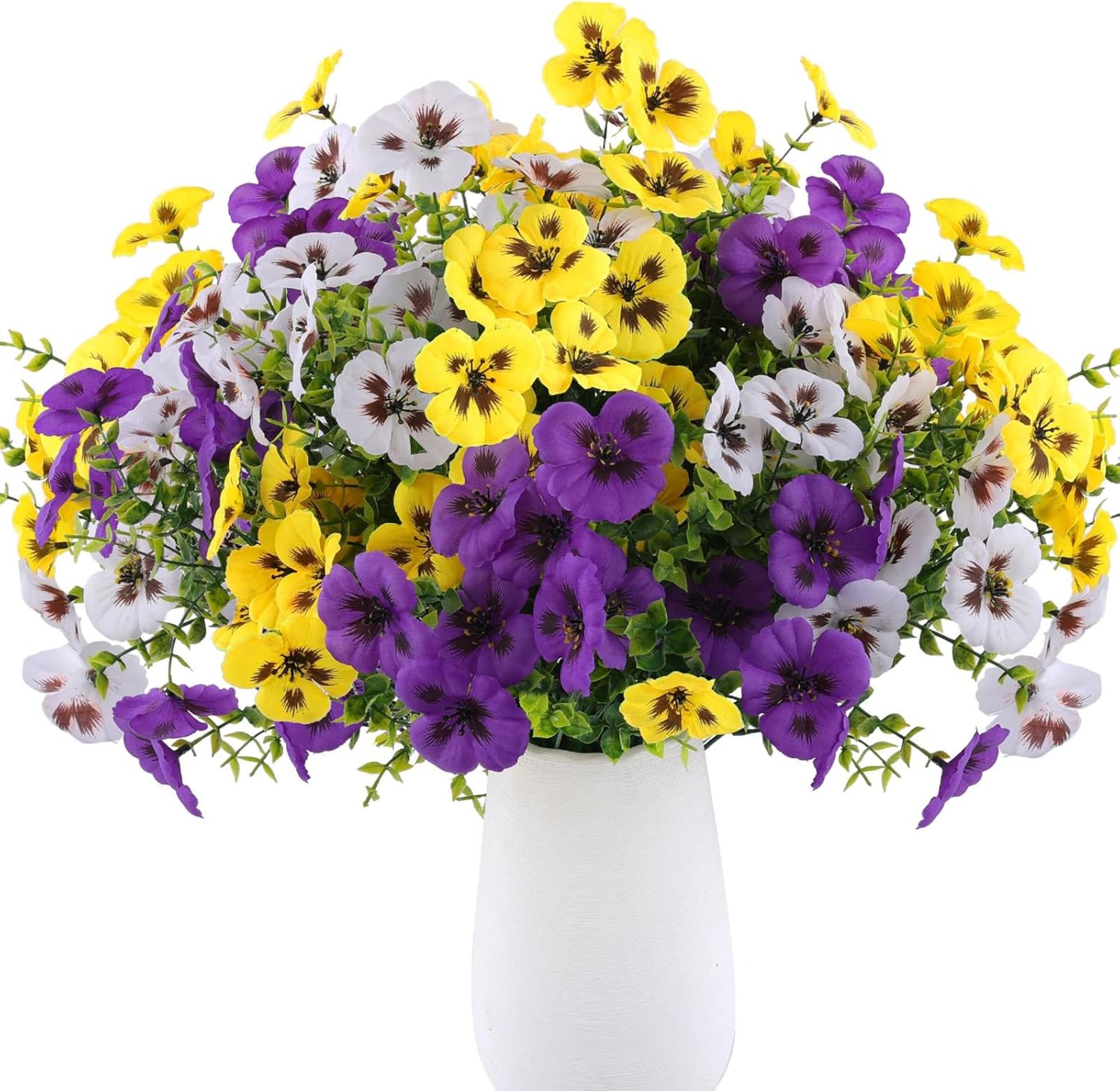36 Pcs Artificial Fake Pansy Flowers for Outdoor, Faux Silk Pansies Spring Flowers for Outside for Planter Front Door Porch Yard Patio Window Box Home Decor (36, Purple, Yellow, White) - 2