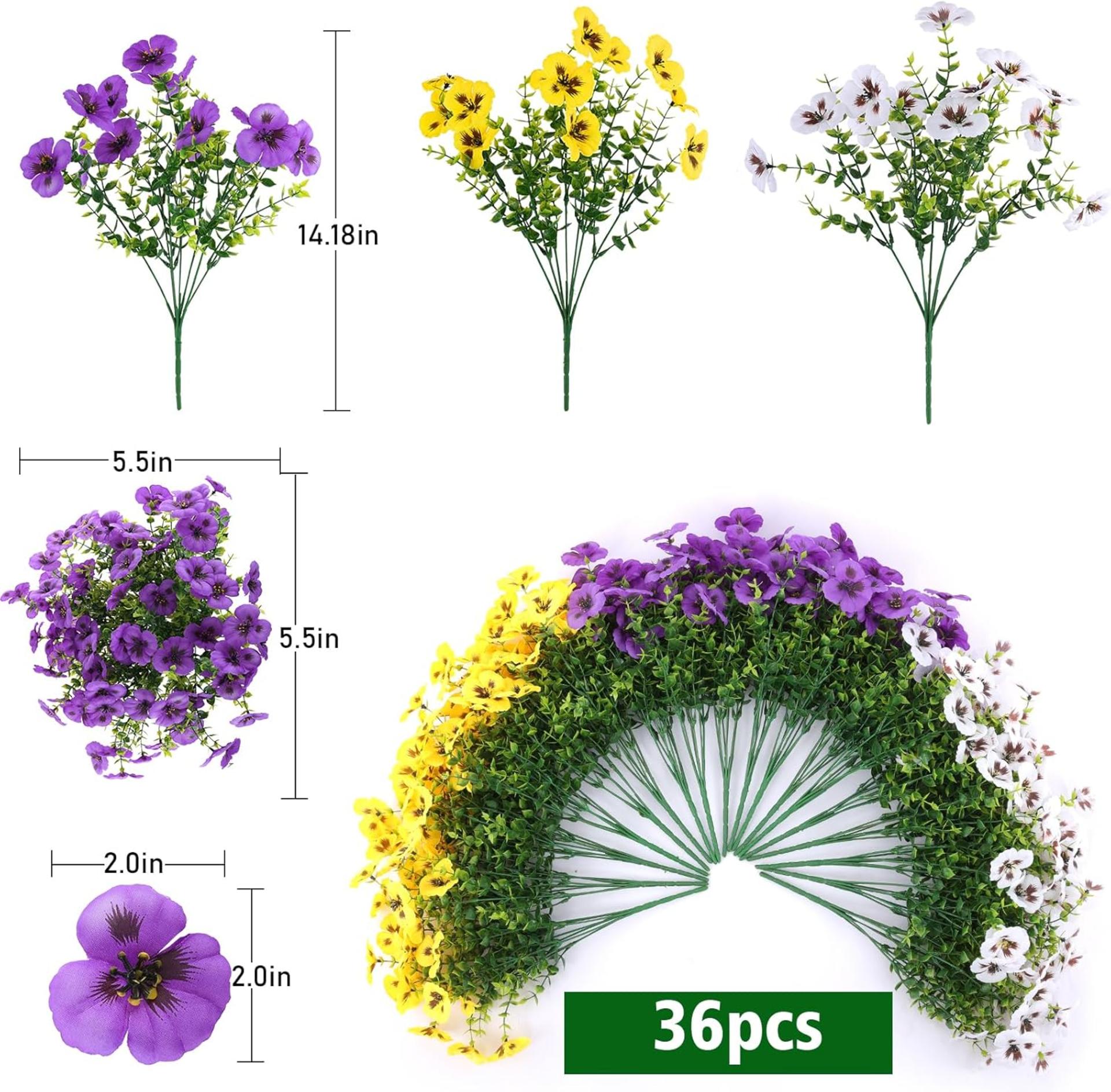 36 Pcs Artificial Fake Pansy Flowers for Outdoor, Faux Silk Pansies Spring Flowers for Outside for Planter Front Door Porch Yard Patio Window Box Home Decor (36, Purple, Yellow, White) - 3