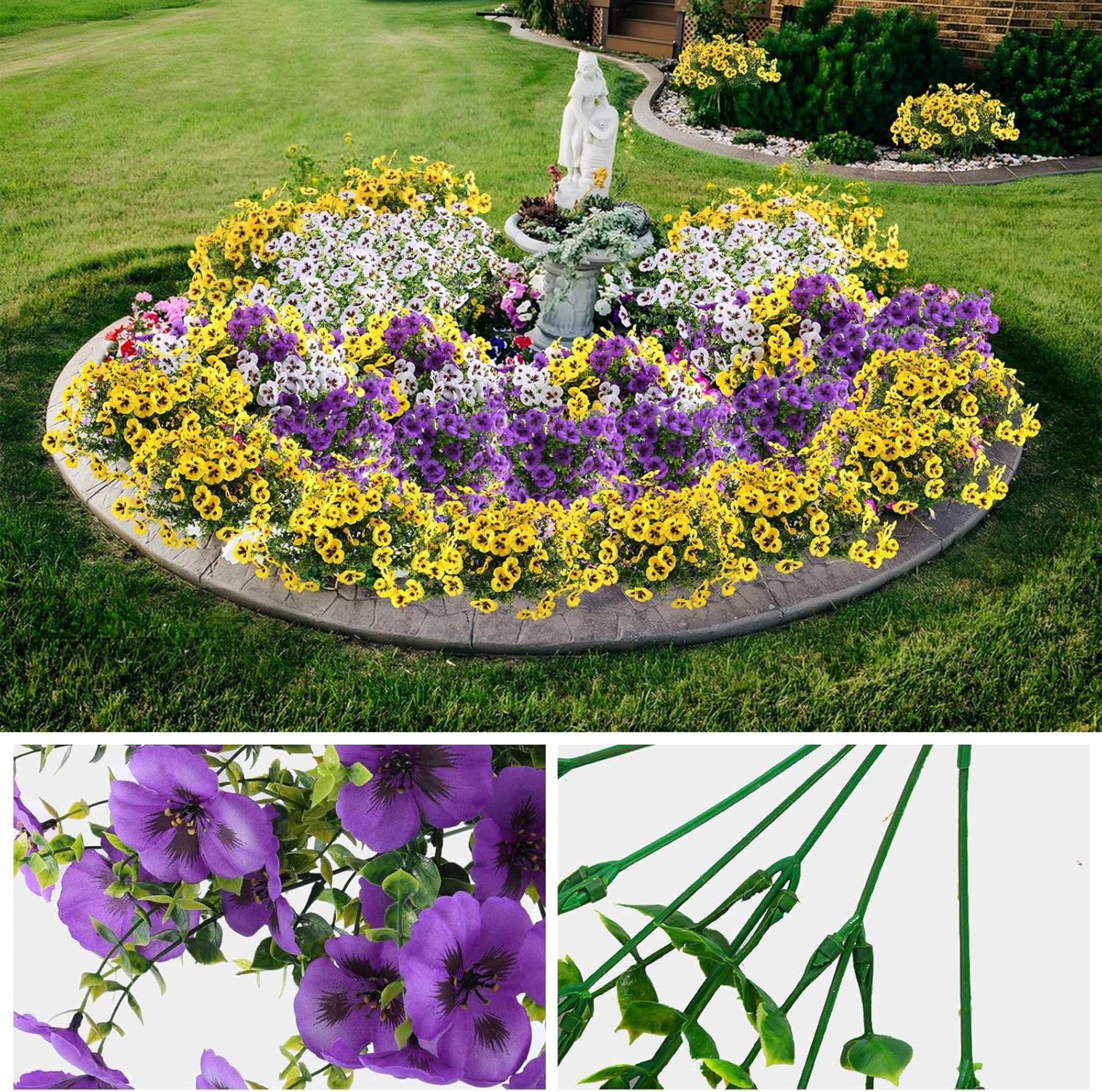 36 Pcs Artificial Fake Pansy Flowers for Outdoor, Faux Silk Pansies Spring Flowers for Outside for Planter Front Door Porch Yard Patio Window Box Home Decor (36, Purple, Yellow, White) - 6