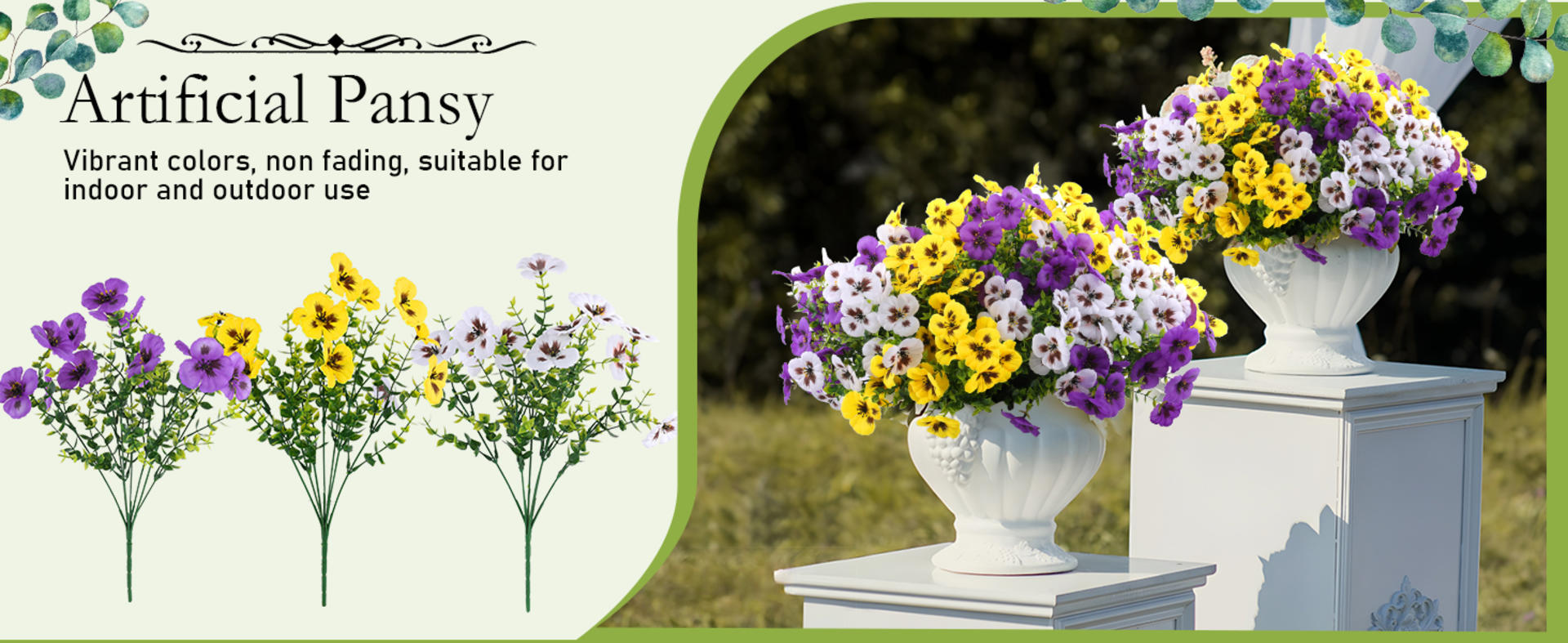 36 Pcs Artificial Fake Pansy Flowers for Outdoor, Faux Silk Pansies Spring Flowers for Outside for Planter Front Door Porch Yard Patio Window Box Home Decor (36, Purple, Yellow, White) detail 1