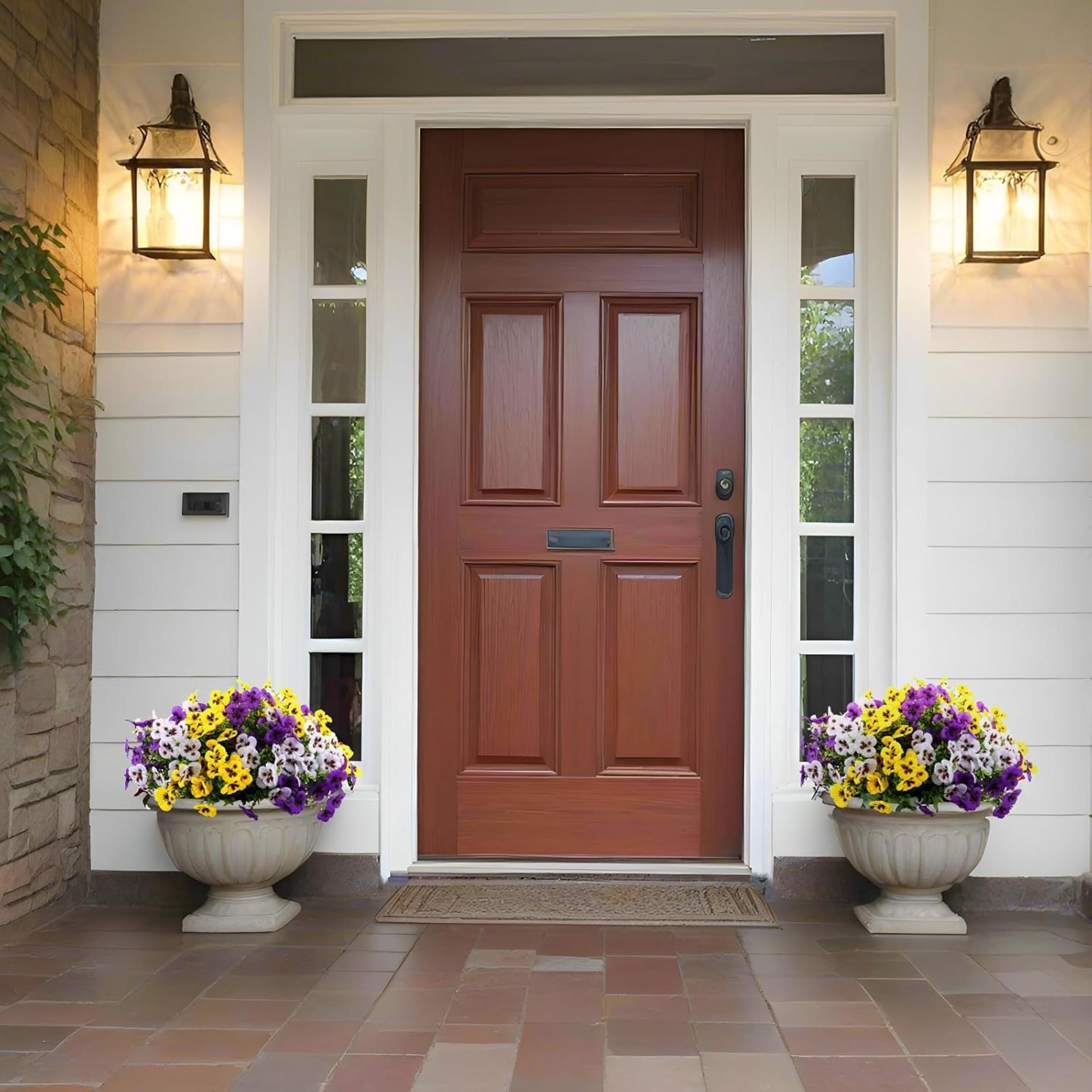 36 Pcs Artificial Fake Pansy Flowers for Outdoor, Faux Silk Pansies Spring Flowers for Outside for Planter Front Door Porch Yard Patio Window Box Home Decor (36, Purple, Yellow, White) - 9