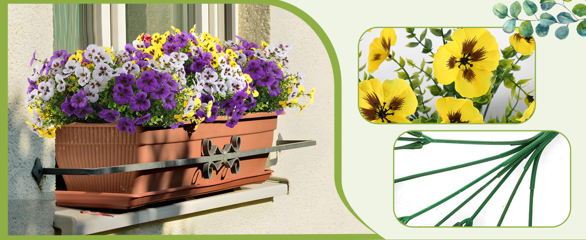 36 Pcs Artificial Fake Pansy Flowers for Outdoor, Faux Silk Pansies Spring Flowers for Outside for Planter Front Door Porch Yard Patio Window Box Home Decor (36, Purple, Yellow, White) detail 3