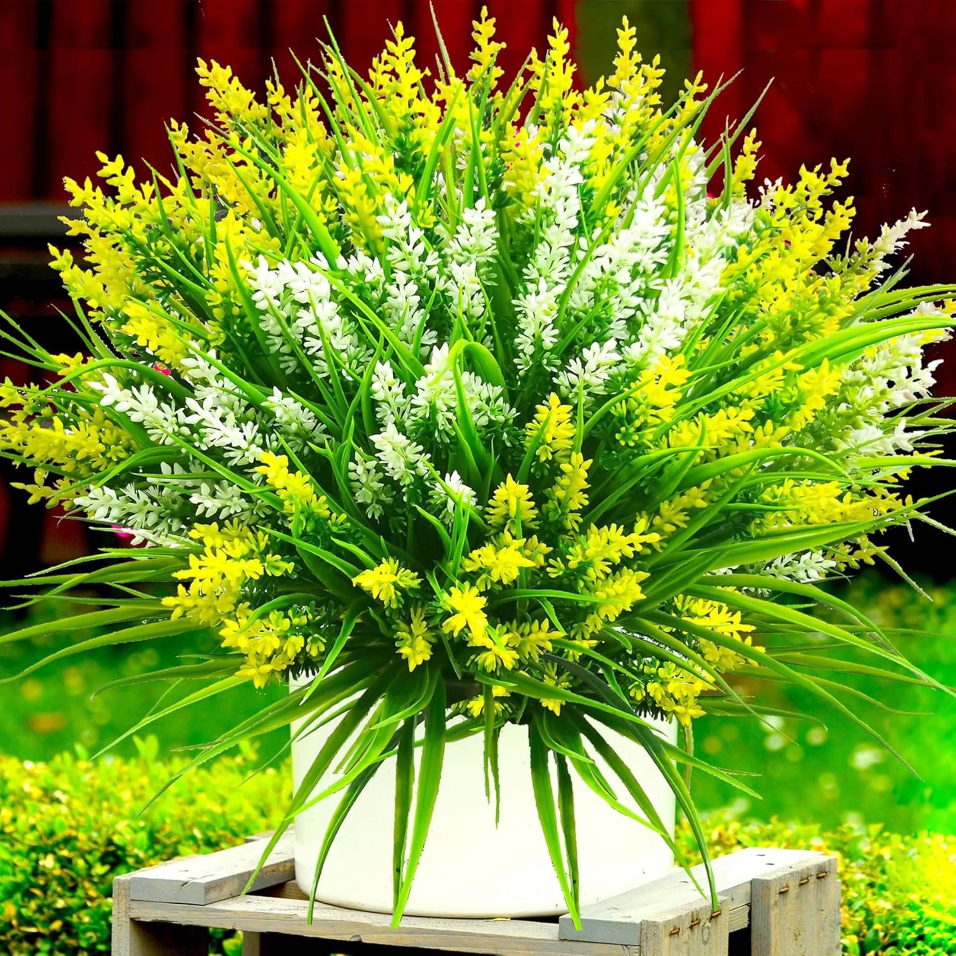 Artificial Plants Outdoor, 20 Pcs Fake Flowers UV Resistant Outdoor Fake Plants, Lavender Artificial Flowers Plastic Fake Faux Flowers Shrubs for Home Porch Garden Yard Window Box (Yellow White) - 8