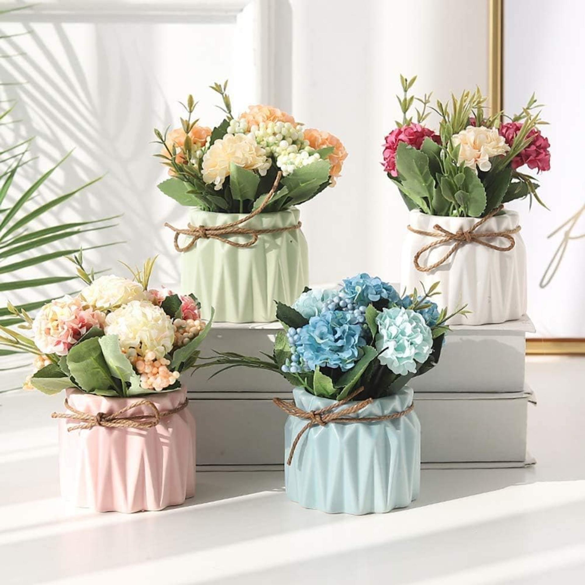 Set of 4 Mini Artificial Hydrangea Flowers in Ceramic Pots for Home and Office Decor - 5