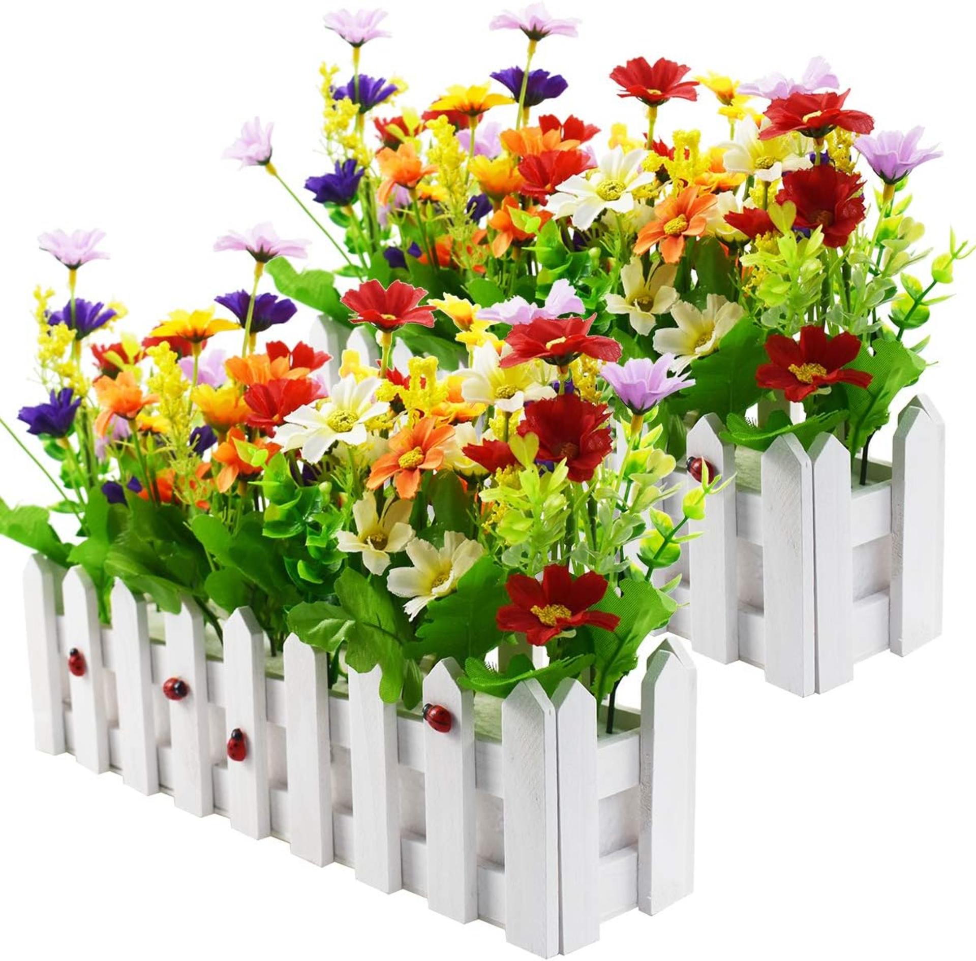 Artificial Daisy Flower Plants in White Picket Fence Pot for Home and Office Decor, 2 Sets