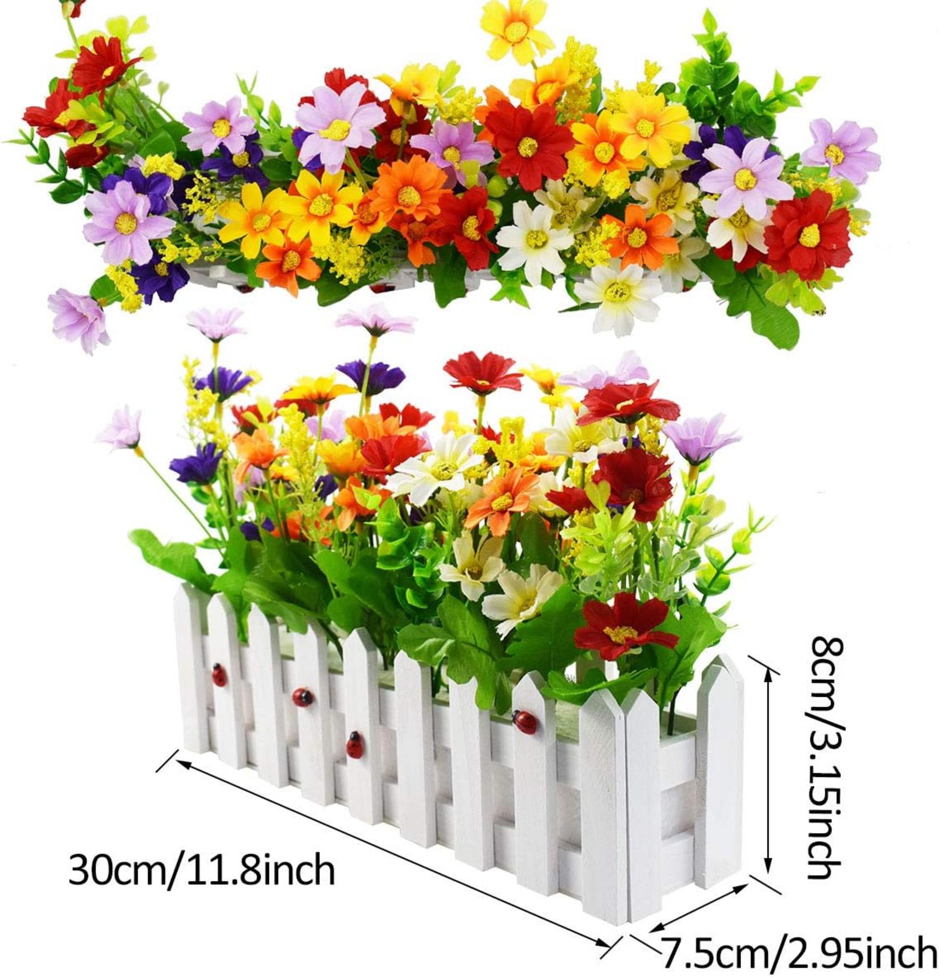 Artificial Daisy Flower Plants in White Picket Fence Pot for Home and Office Decor, 2 Sets - 3