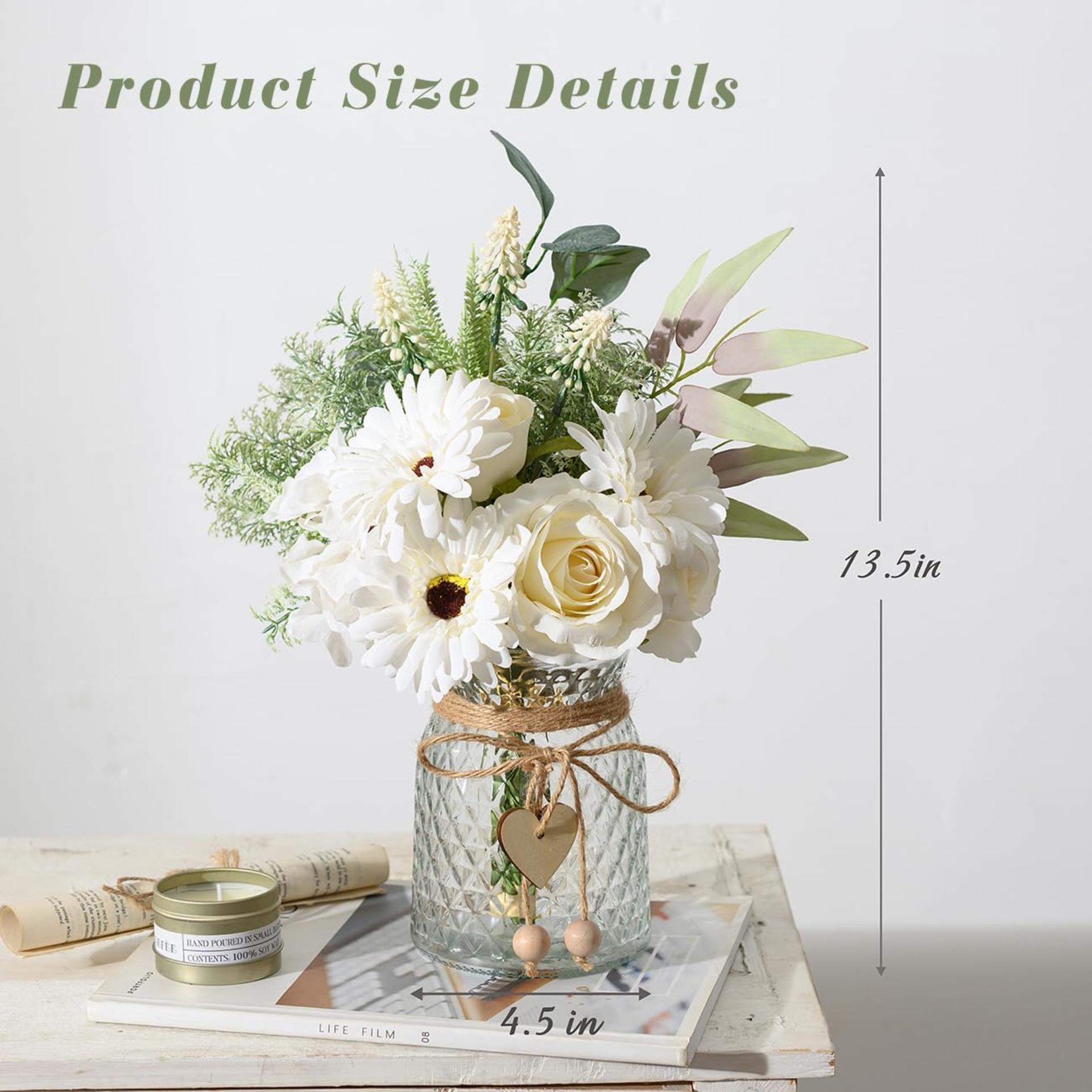 Artificial White Flower Arrangement with Glass Vase for Home Decor, Faux Silk Roses and Hydrangeas - 4