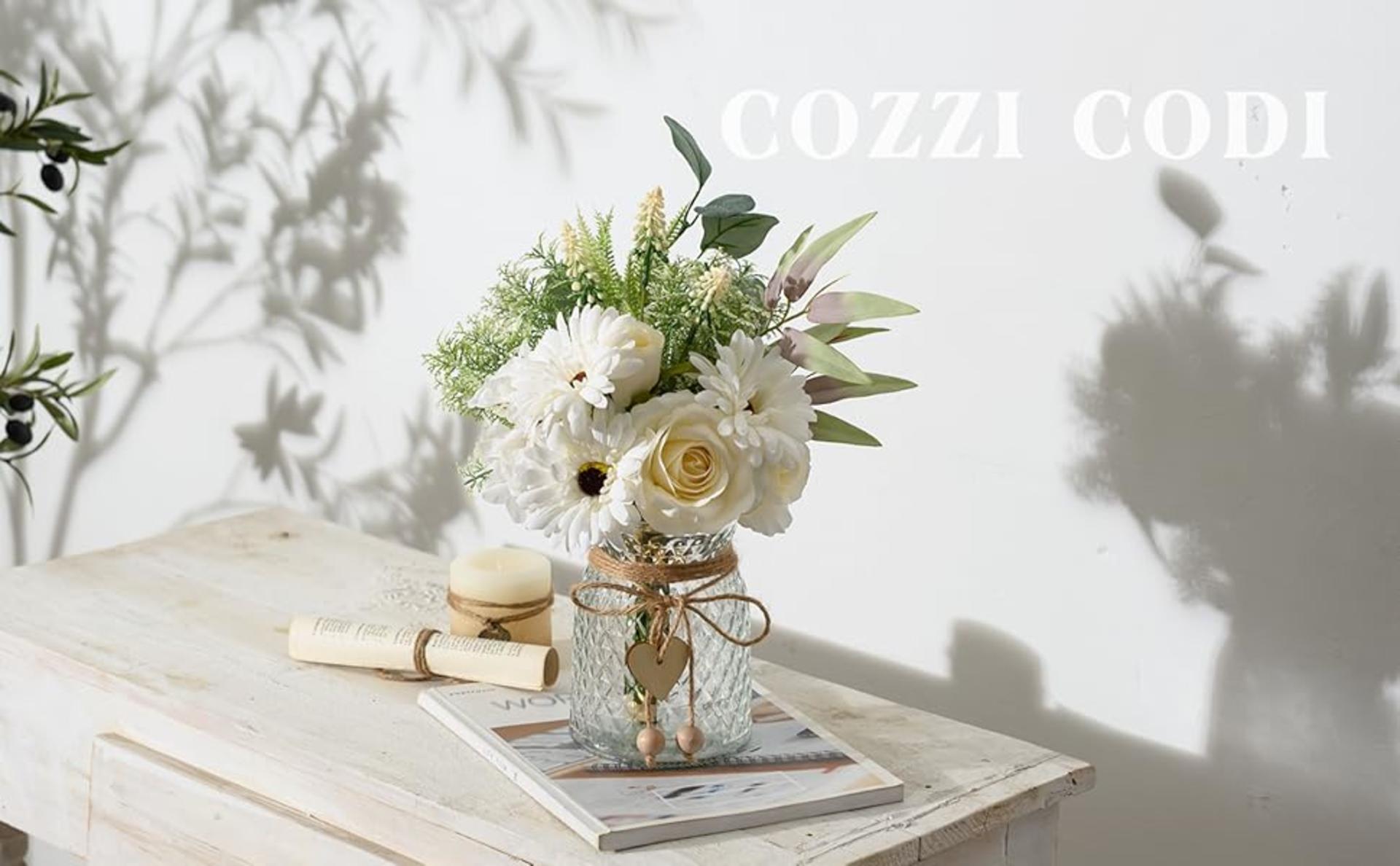 Artificial White Flower Arrangement with Glass Vase for Home Decor, Faux Silk Roses and Hydrangeas detail 1