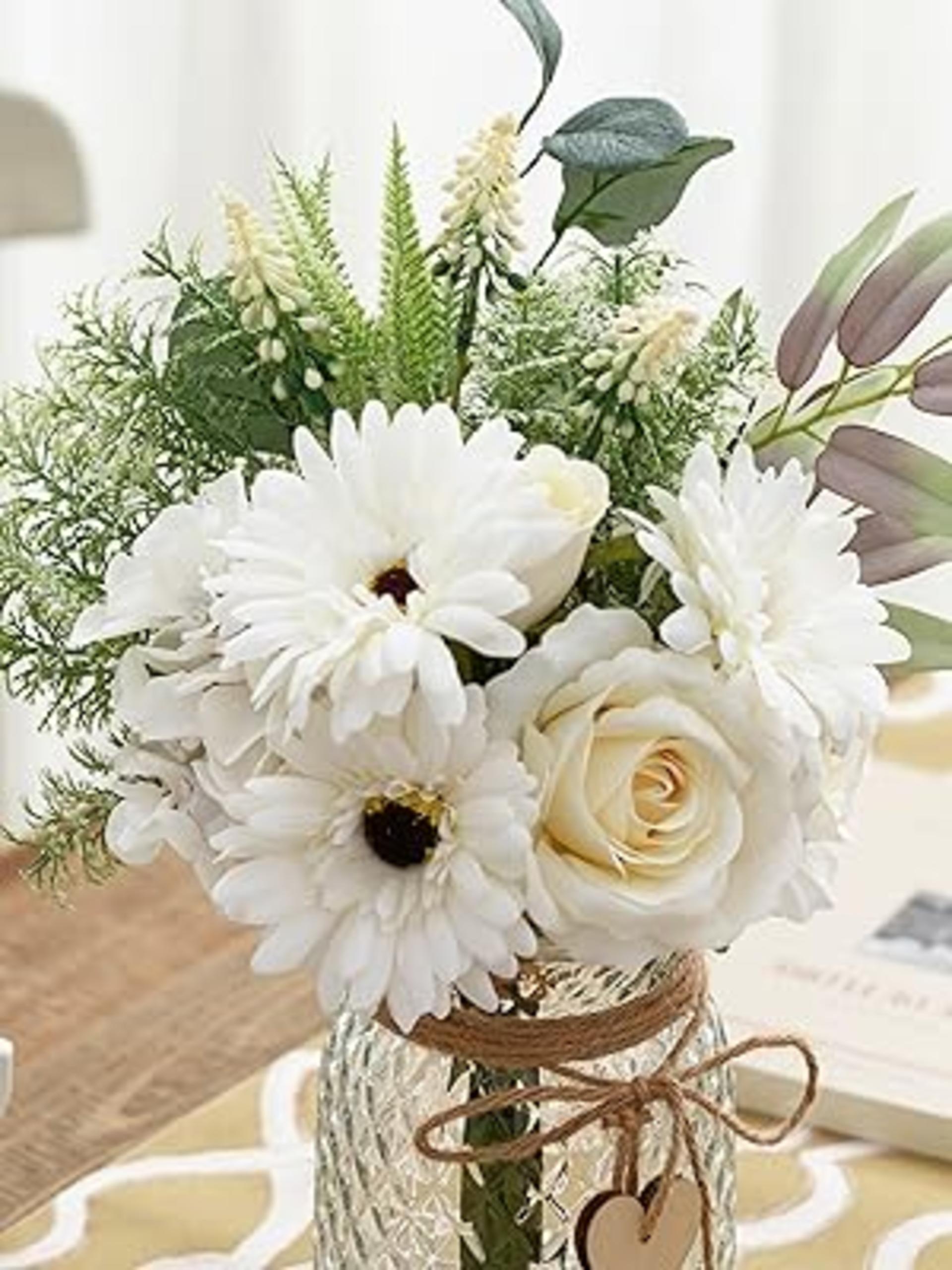 Artificial White Flower Arrangement with Glass Vase for Home Decor, Faux Silk Roses and Hydrangeas detail 2