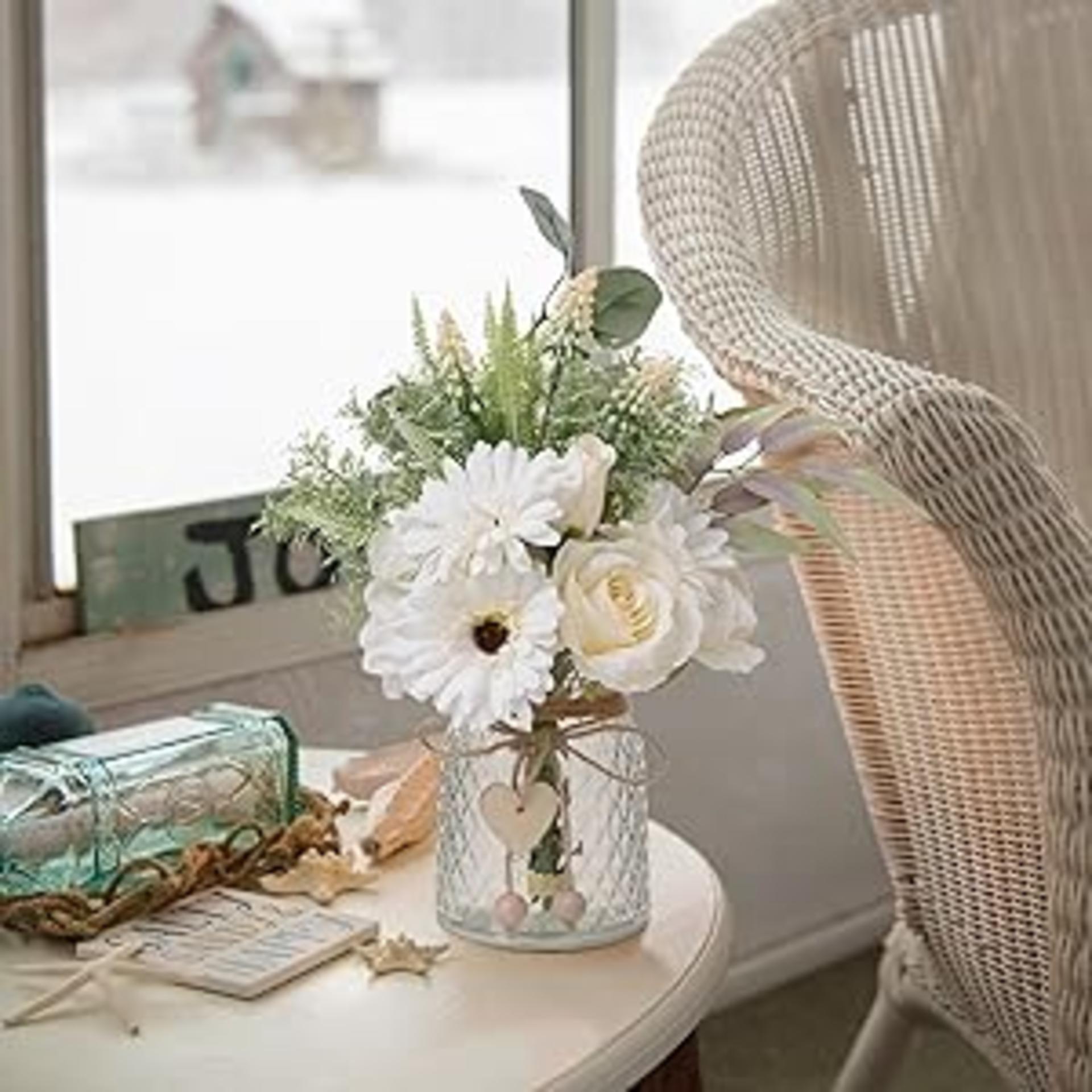 Artificial White Flower Arrangement with Glass Vase for Home Decor, Faux Silk Roses and Hydrangeas detail 4