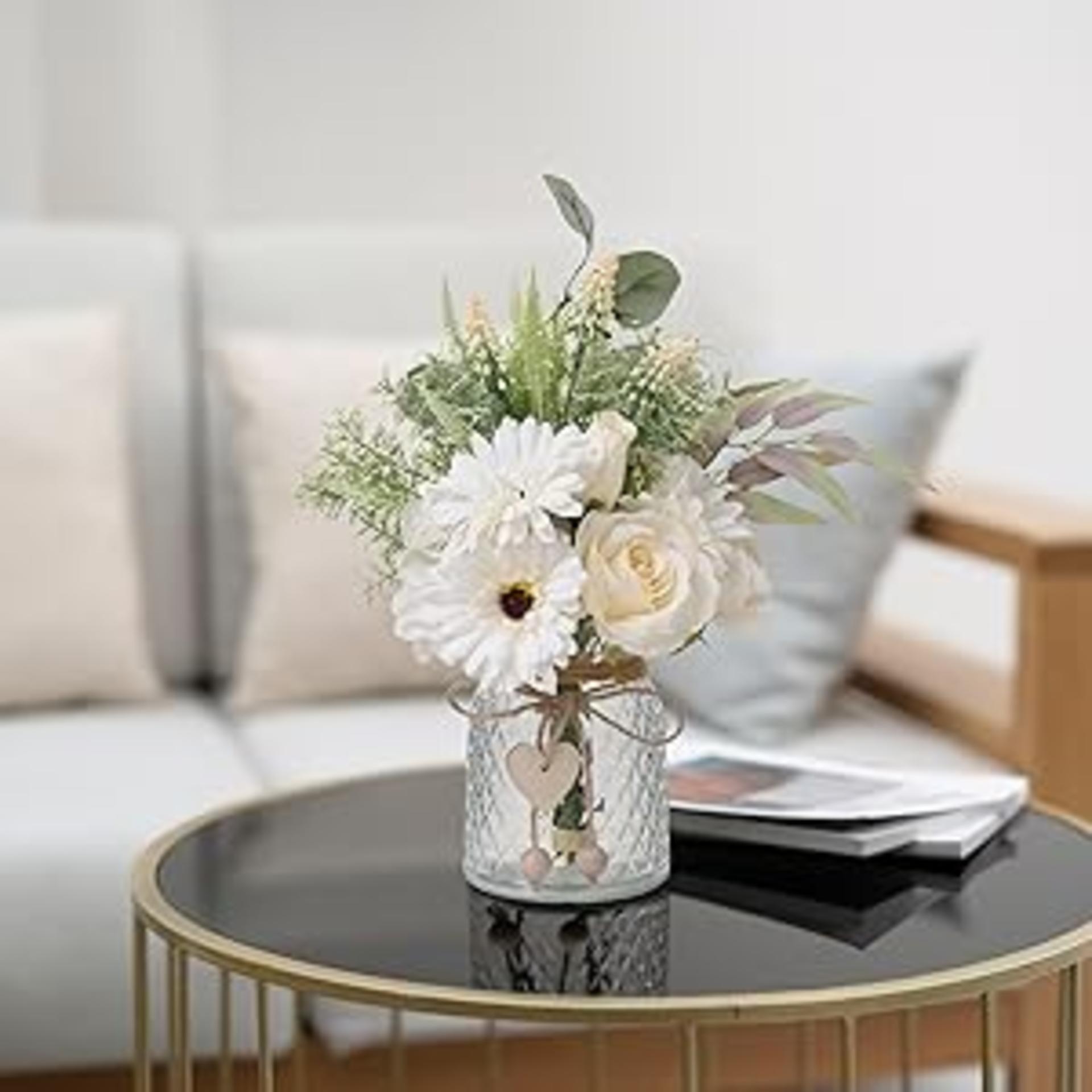Artificial White Flower Arrangement with Glass Vase for Home Decor, Faux Silk Roses and Hydrangeas detail 5