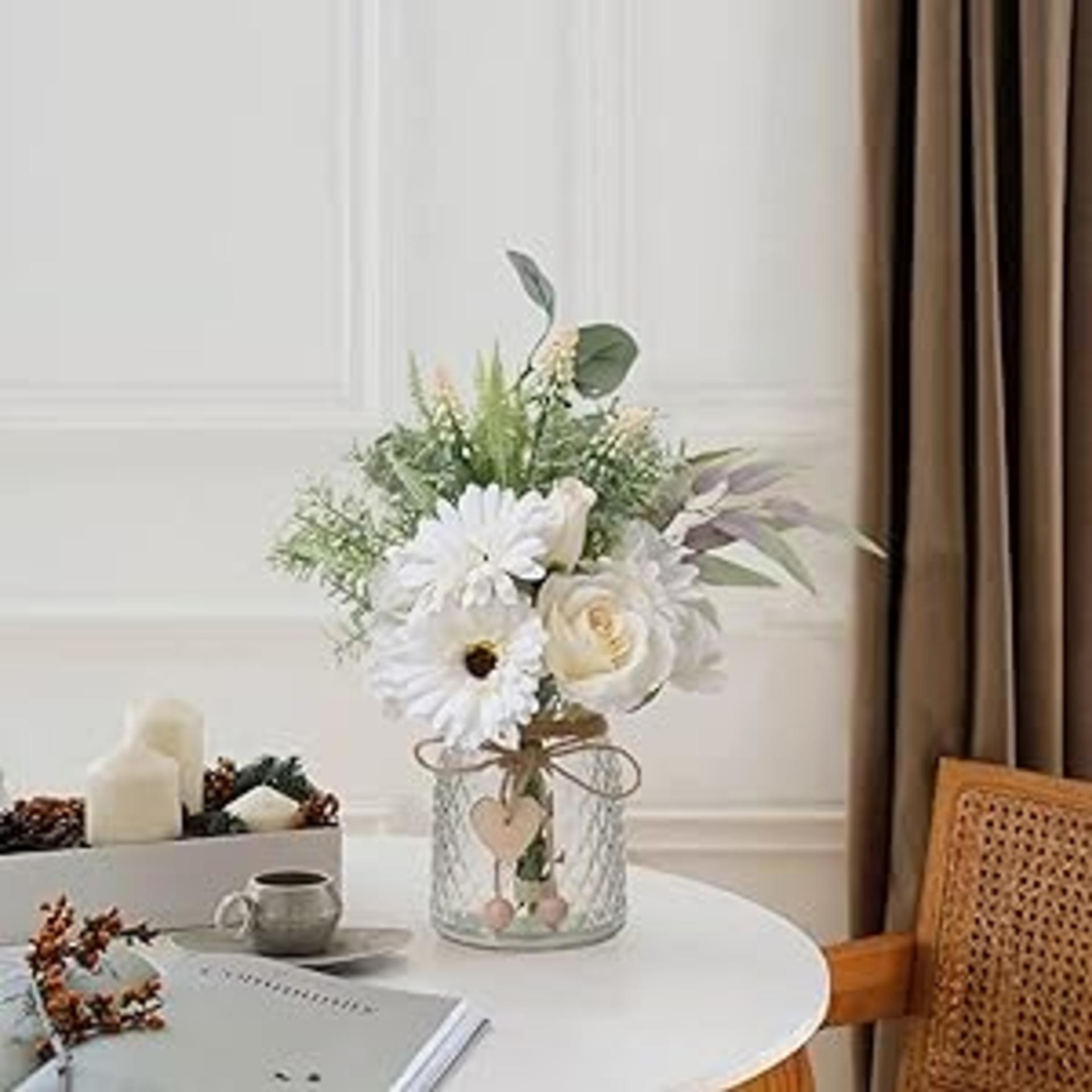 Artificial White Flower Arrangement with Glass Vase for Home Decor, Faux Silk Roses and Hydrangeas detail 13