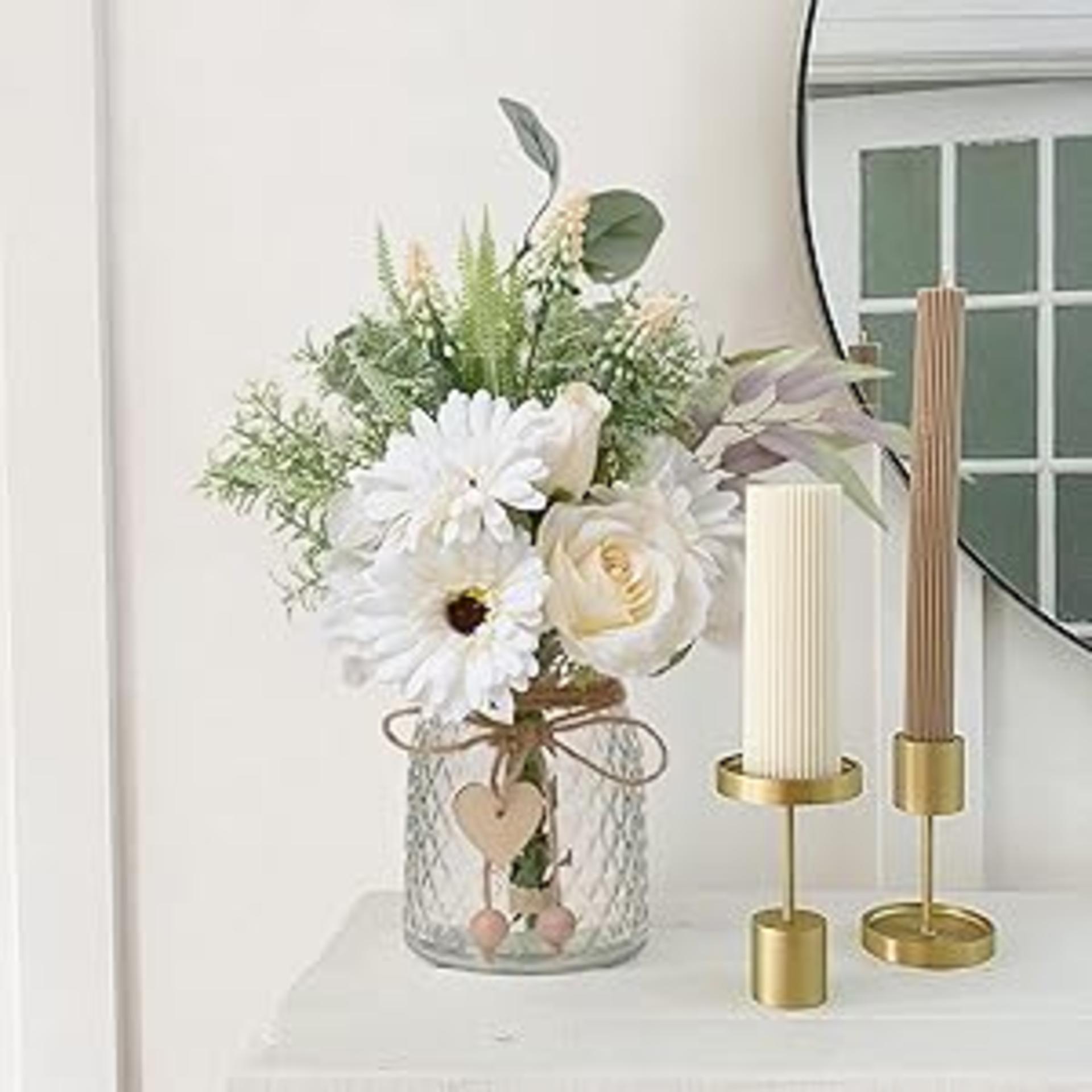 Artificial White Flower Arrangement with Glass Vase for Home Decor, Faux Silk Roses and Hydrangeas detail 14