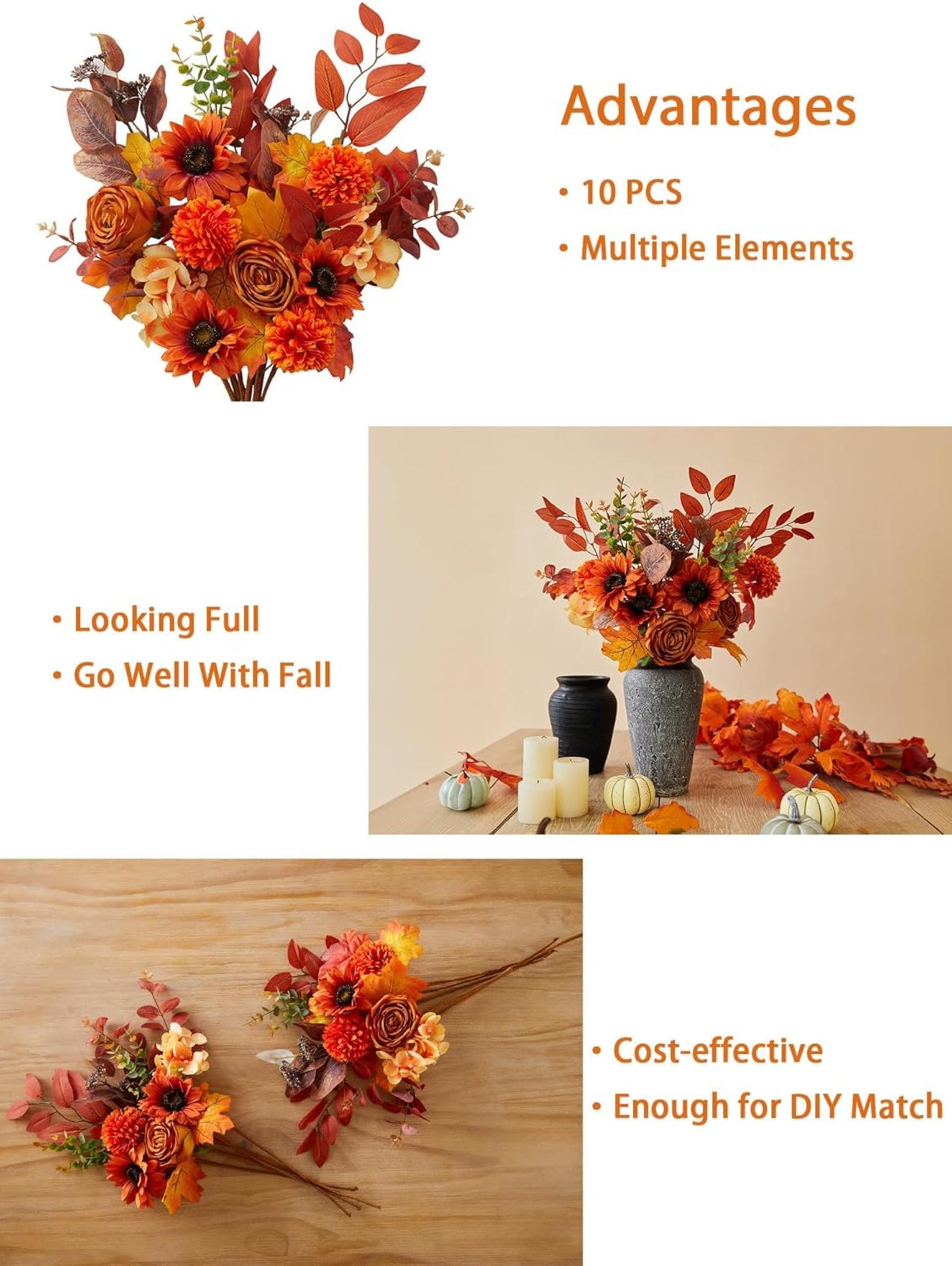 10PCS Artificial Fall Flower Bouquets with Sunflowers and Roses for Wedding Home Table Decor - 2