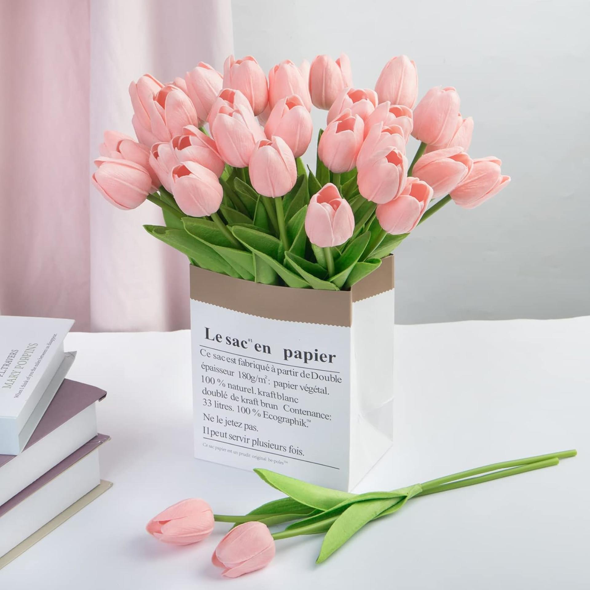 30 Pcs Pink Artificial Tulips Real Touch PU Fake Flowers for Home Wedding Party Decor - 4
