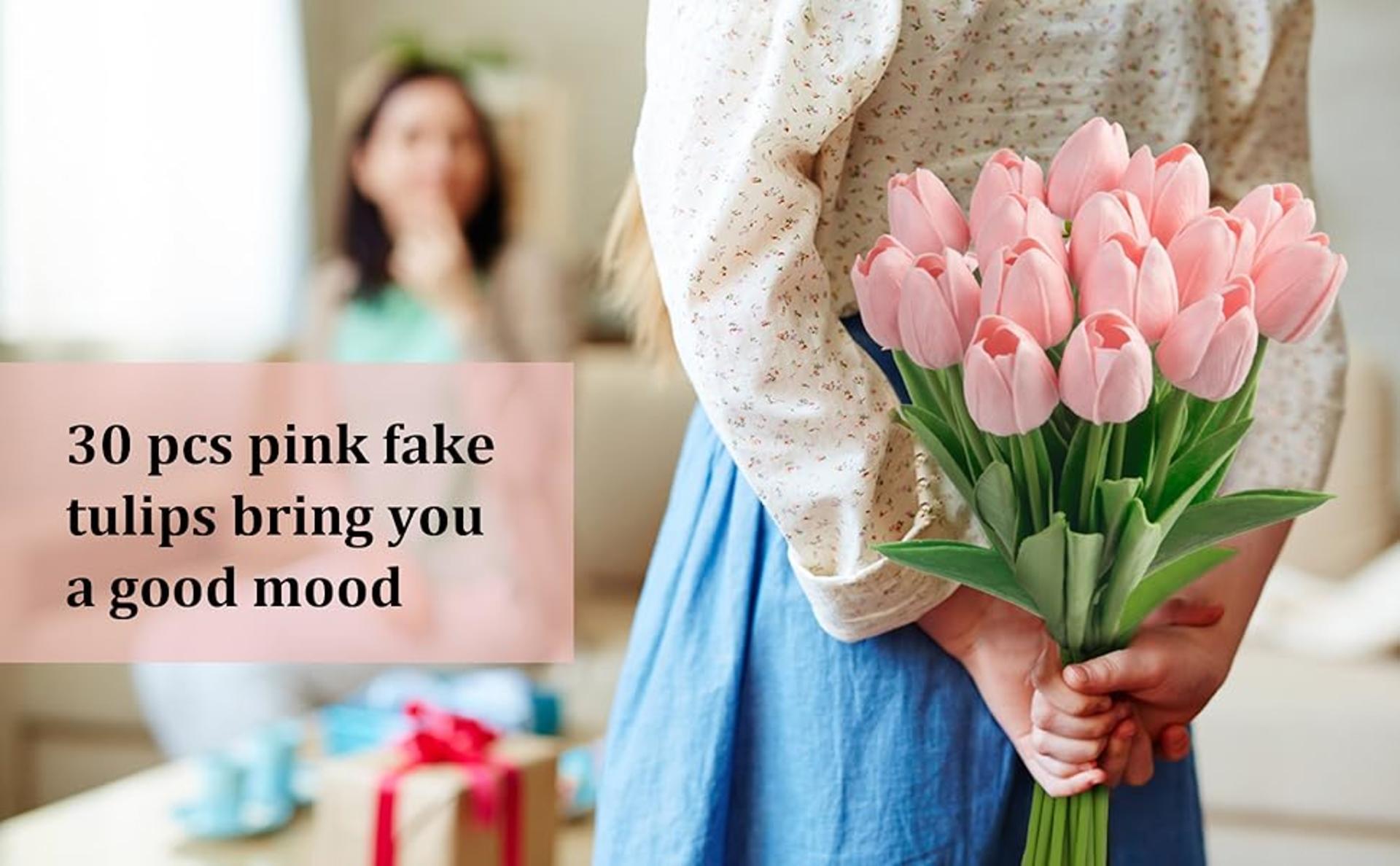 30 Pcs Pink Artificial Tulips Real Touch PU Fake Flowers for Home Wedding Party Decor detail 2