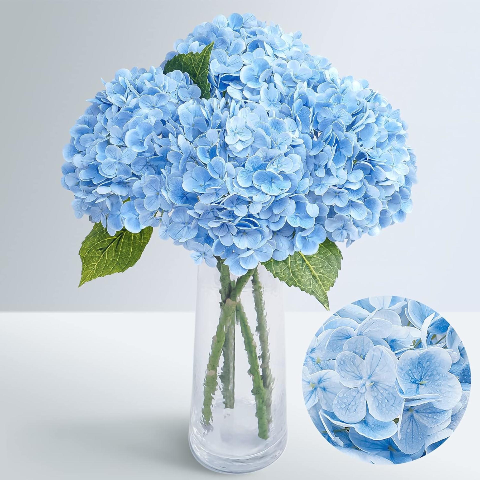 Real Touch Blue Hydrangea Artificial Flowers with 3D Butterflies, 21" Faux Latex Hydrangeas, 4 Pcs - 1