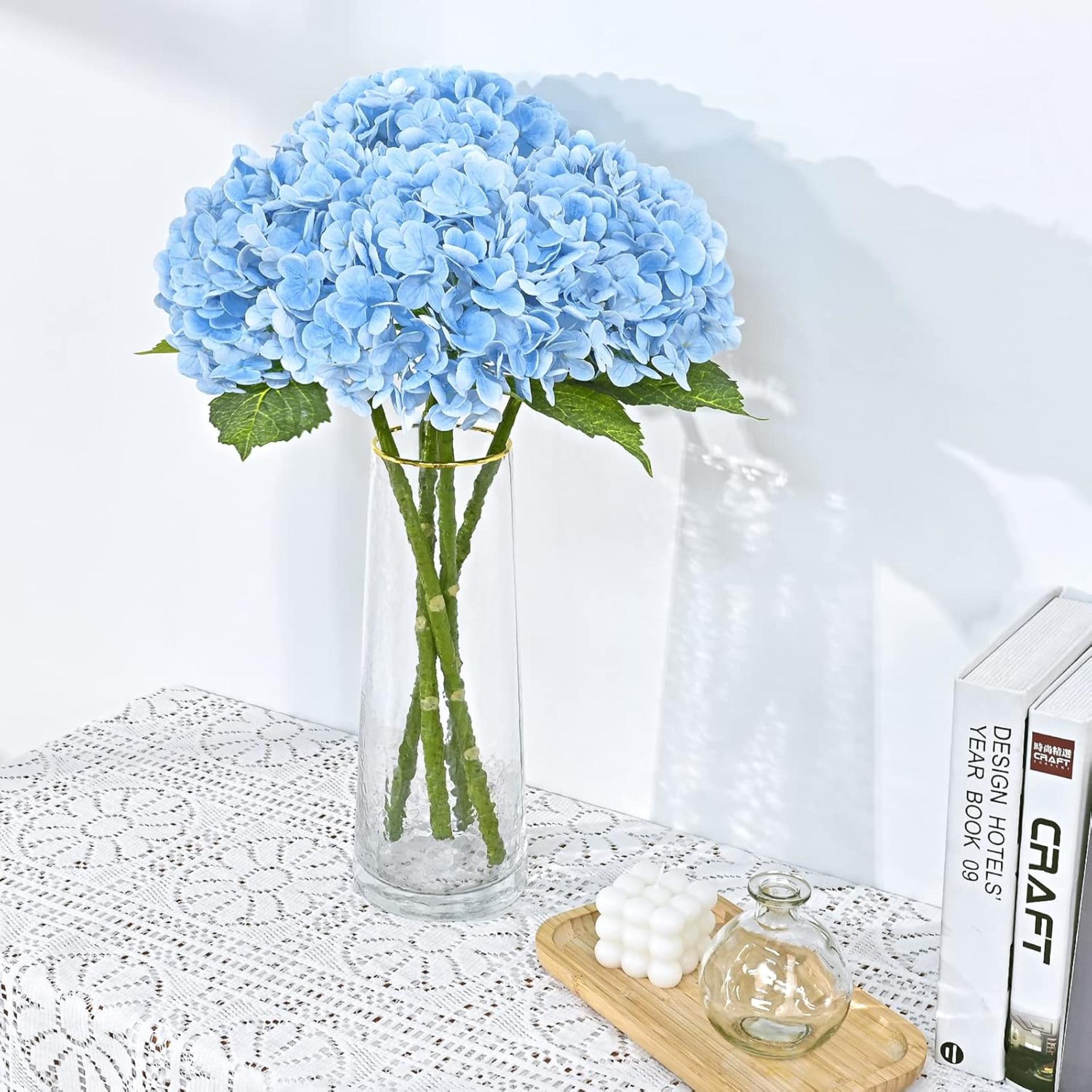 Real Touch Blue Hydrangea Artificial Flowers with 3D Butterflies, 21" Faux Latex Hydrangeas, 4 Pcs - 4