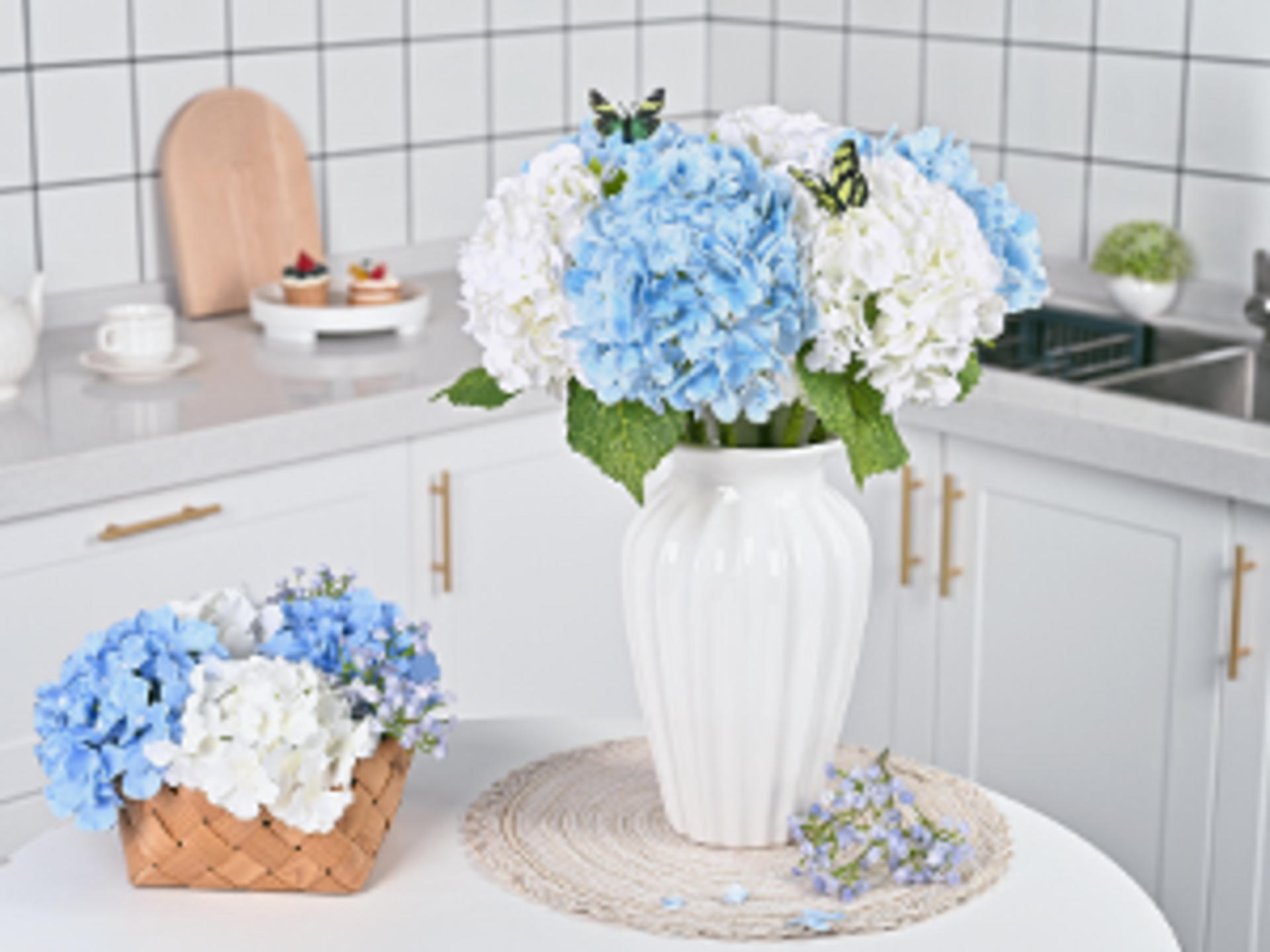 Real Touch Blue Hydrangea Artificial Flowers with 3D Butterflies, 21" Faux Latex Hydrangeas, 4 Pcs detail 8