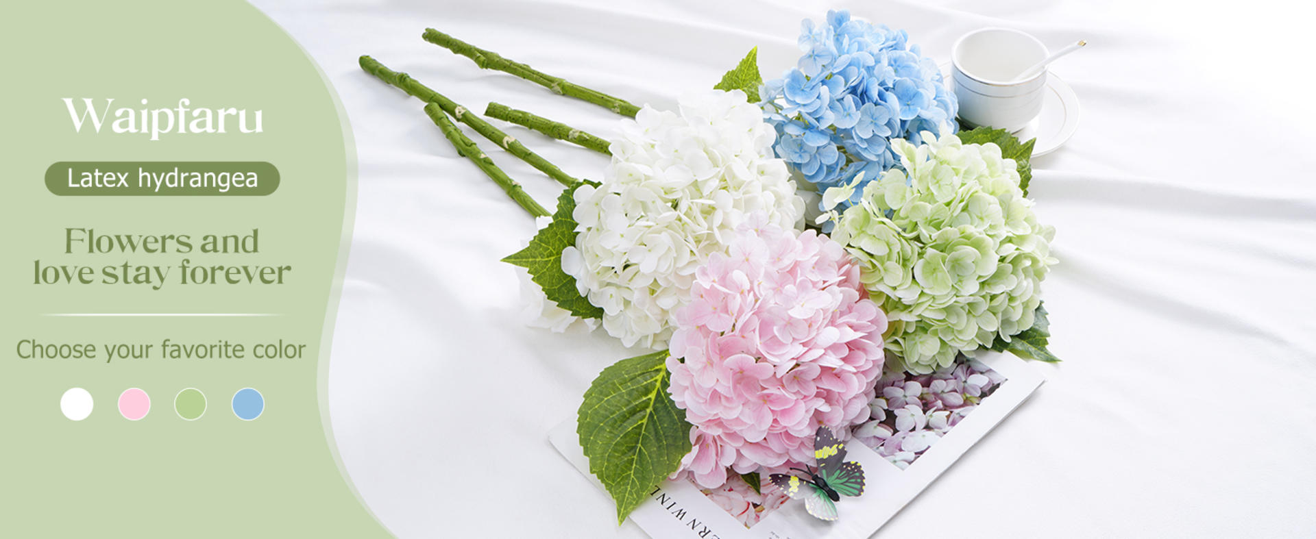 Real Touch Blue Hydrangea Artificial Flowers with 3D Butterflies, 21" Faux Latex Hydrangeas, 4 Pcs detail 11