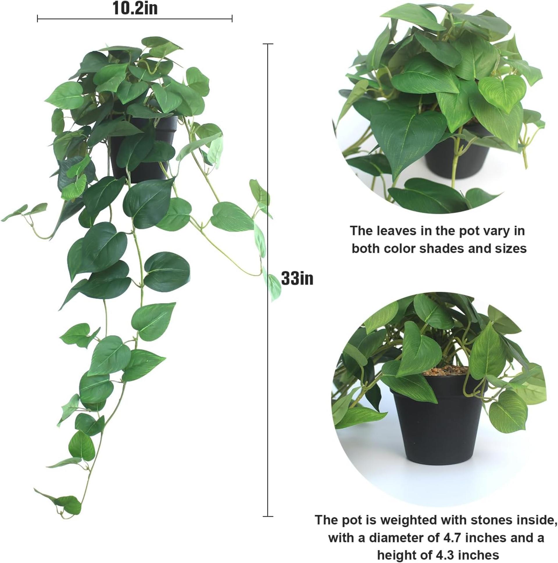 Set of 2 Artificial Hanging Pothos Plants - 33" Realistic Faux Ivy Vines with Pots for Home Office - 3
