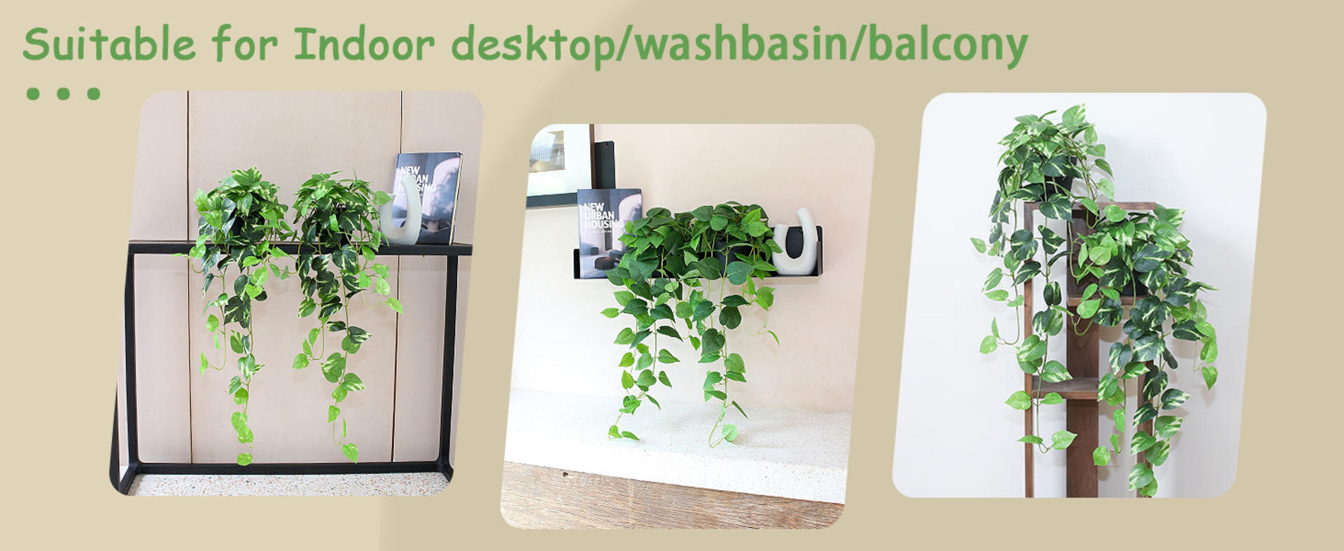 Set of 2 Artificial Hanging Pothos Plants - 33" Realistic Faux Ivy Vines with Pots for Home Office detail 4