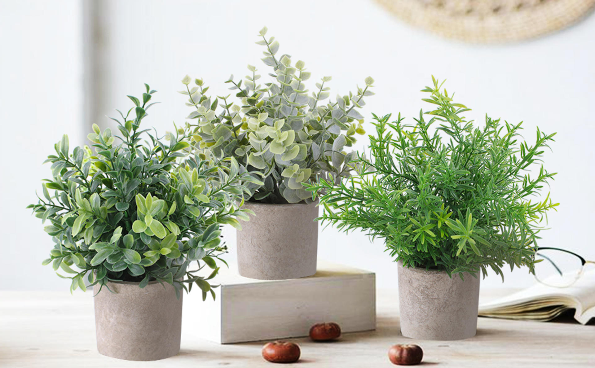 3 Pack Mini Artificial Potted Plants - Faux Eucalyptus, Boxwood, and Rosemary Greenery for Home Decor detail 1