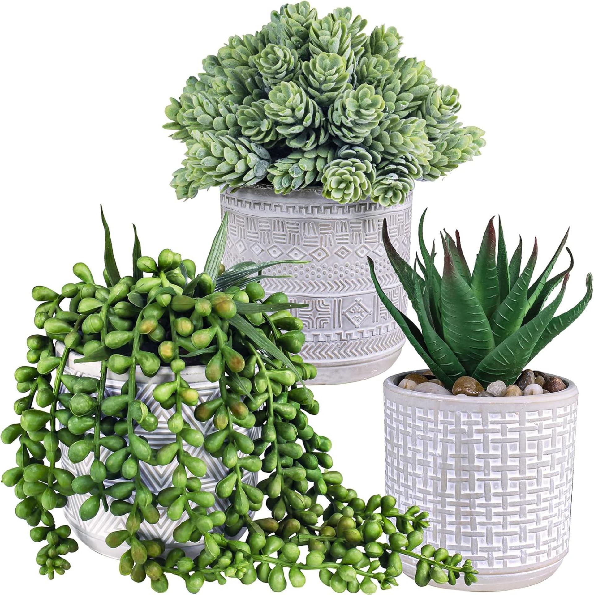 Set of 3 Artificial Potted Succulents with Geometric Concrete Pots for Home Office Decor