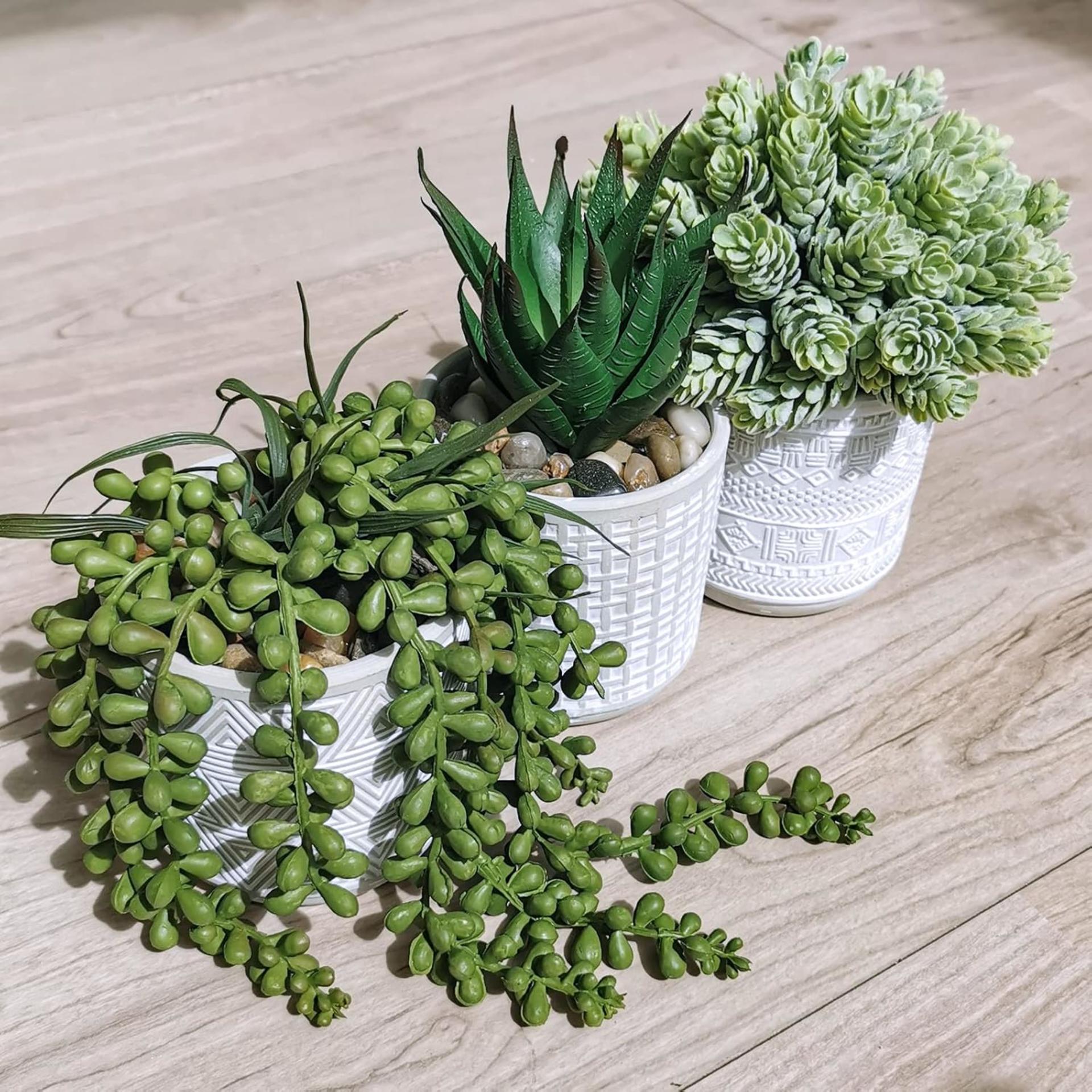 Set of 3 Artificial Potted Succulents with Geometric Concrete Pots for Home Office Decor - 4