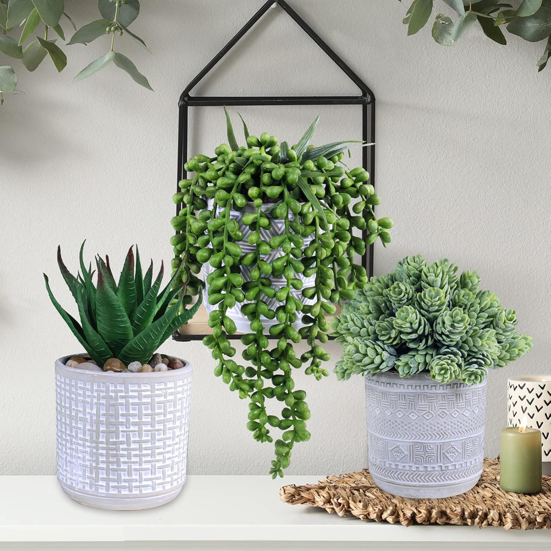 Set of 3 Artificial Potted Succulents with Geometric Concrete Pots for Home Office Decor - 9