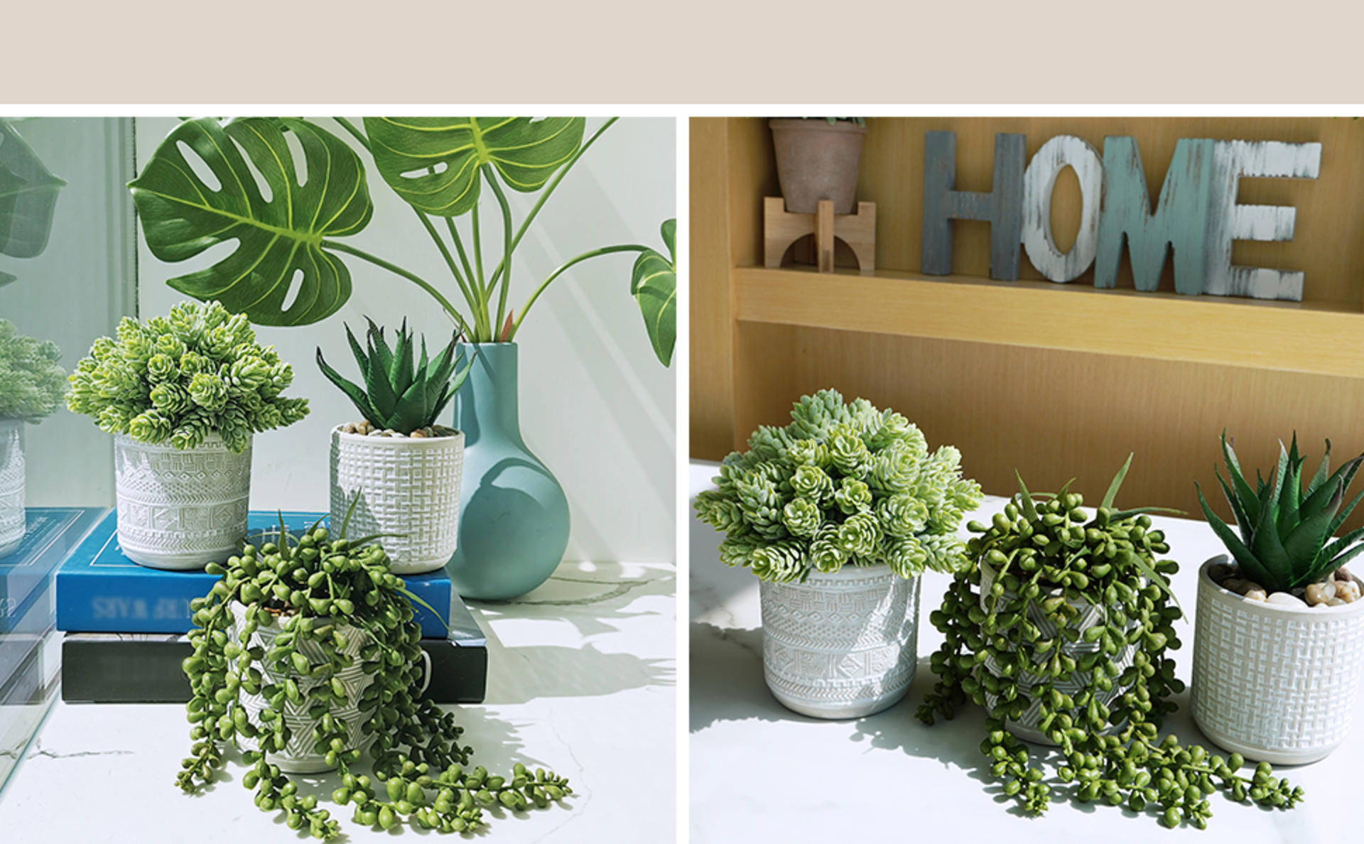 Set of 3 Artificial Potted Succulents with Geometric Concrete Pots for Home Office Decor detail 5