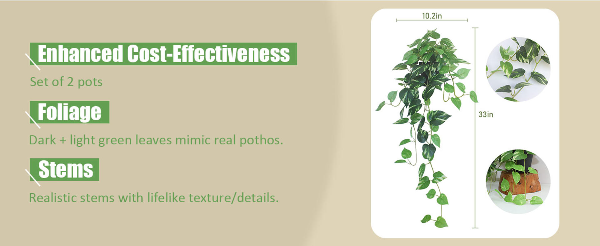 Set of 2 Artificial Pothos Hanging Plants - 33" Realistic Silk Ivy Vines with Pots detail 2