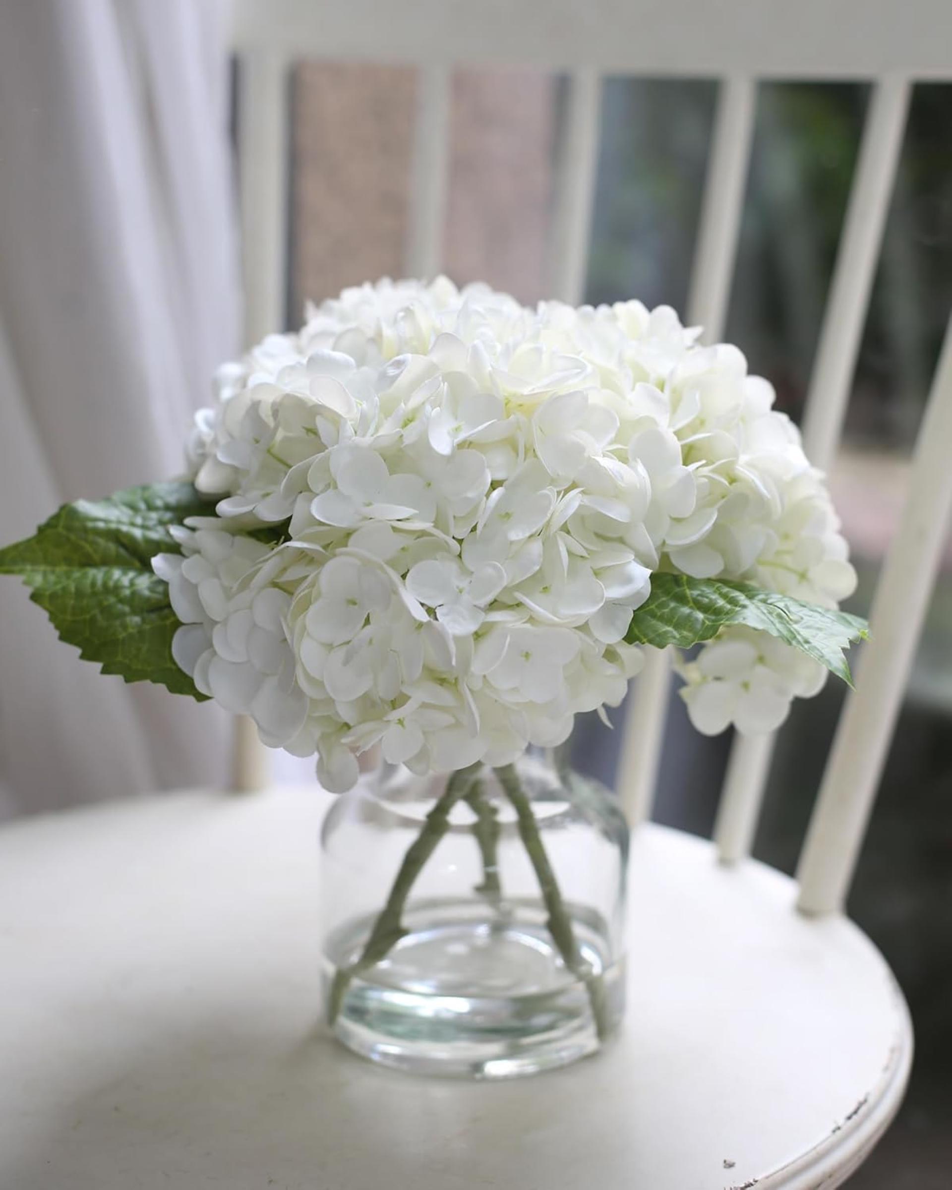 Real Touch Artificial White Hydrangea in Vase, Lifelike Silk Flowers Centerpiece for Home Decor - 1
