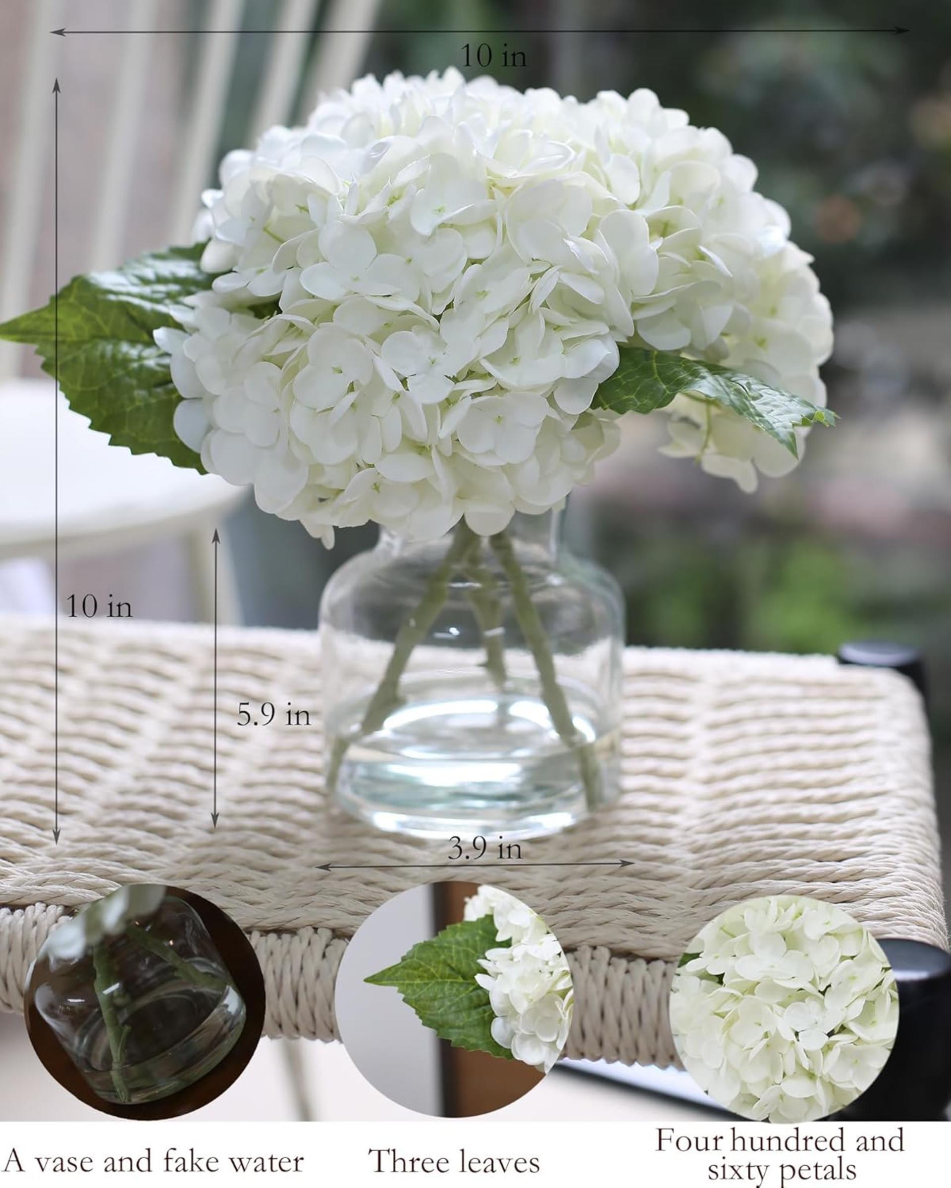 Real Touch Artificial White Hydrangea in Vase, Lifelike Silk Flowers Centerpiece for Home Decor - 3