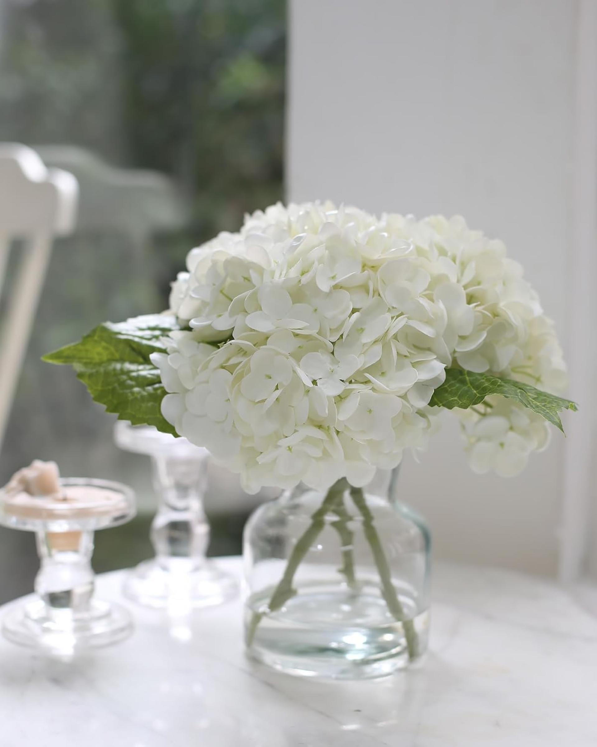 Real Touch Artificial White Hydrangea in Vase, Lifelike Silk Flowers Centerpiece for Home Decor - 4