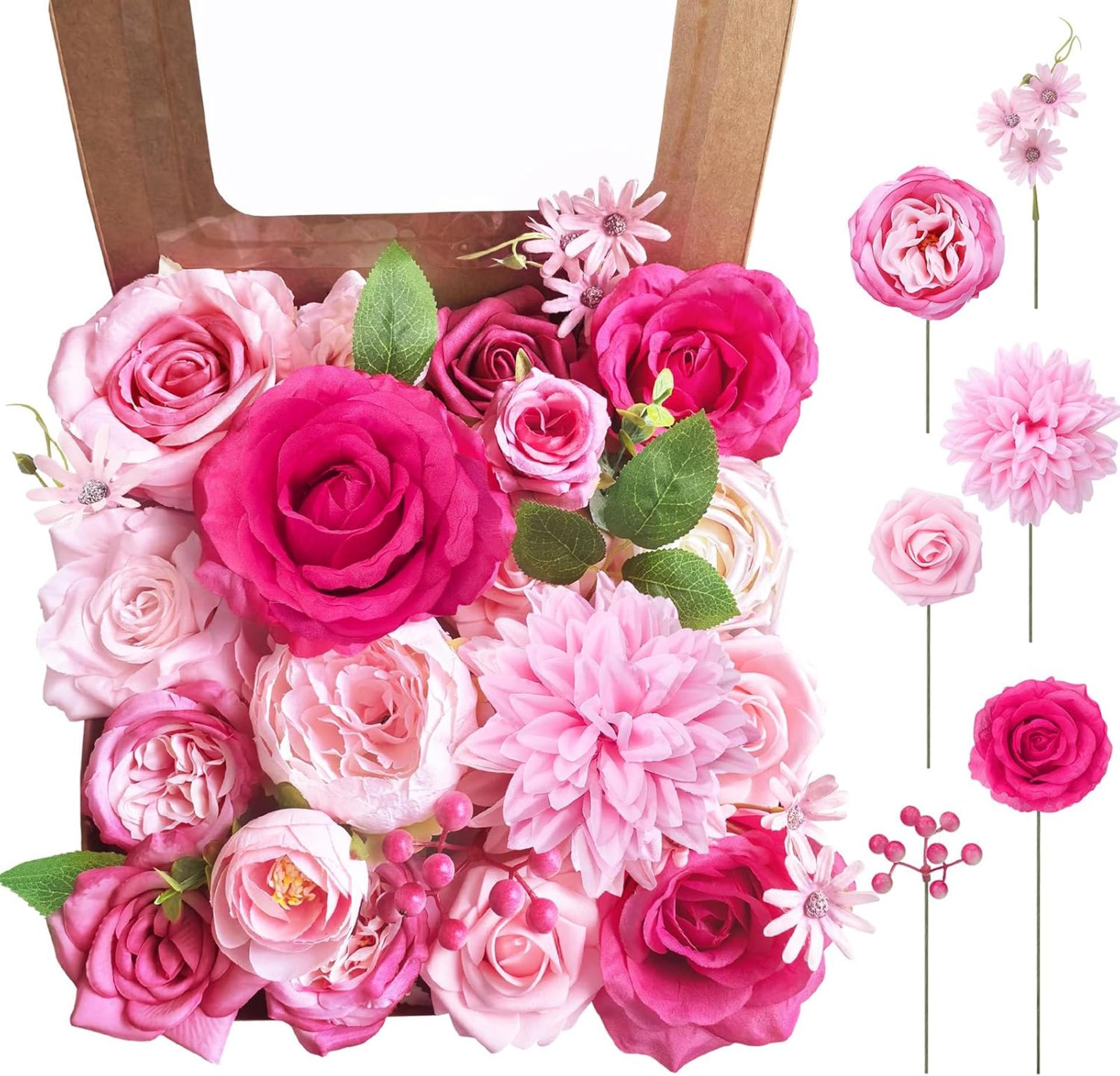 Pink & Hot Pink Artificial Flowers Combo Box - Silk Roses, Peonies & Hydrangeas for DIY Wedding Decor - 8