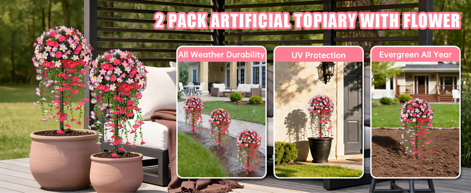 Set of 2 Artificial Boxwood Topiary Ball Trees, 23" UV Resistant Outdoor Faux Shrubs with Spikes detail 14