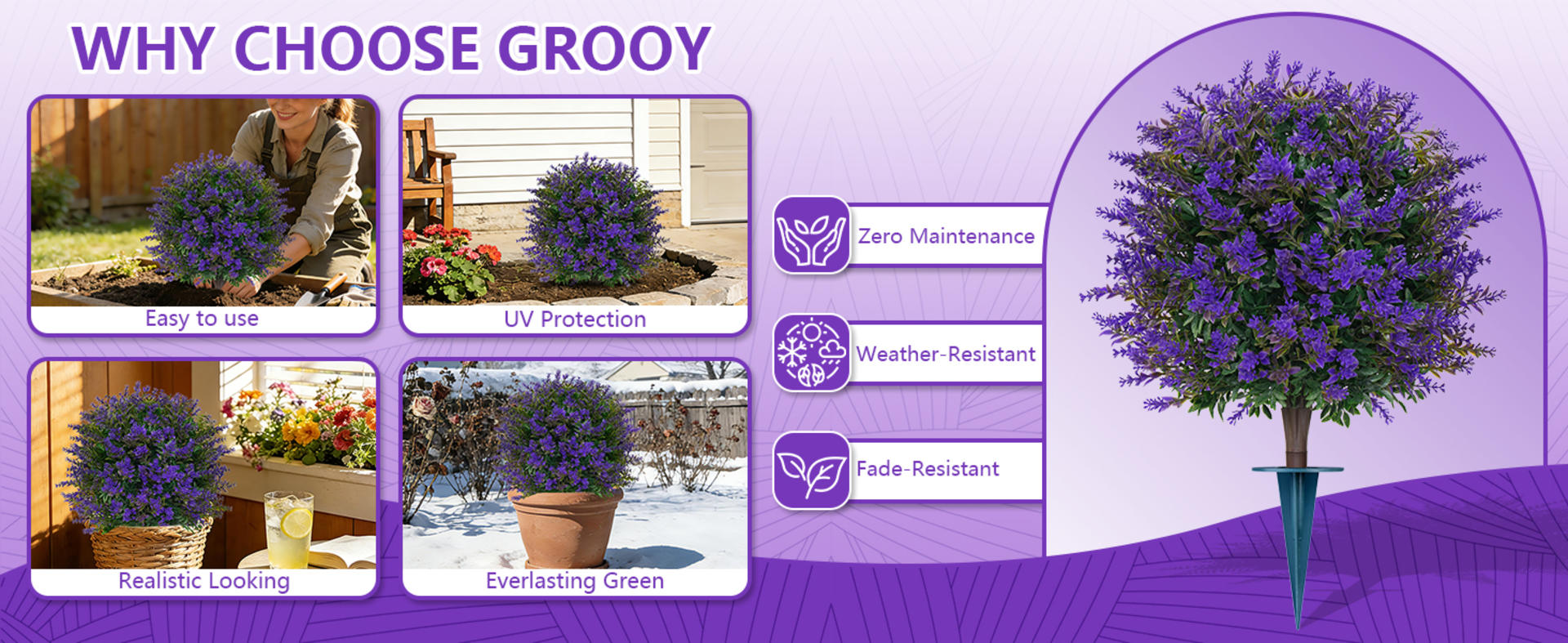 Set of 2 Artificial Lavender Topiary Balls with Stakes, UV Resistant Faux Boxwood Trees detail 2