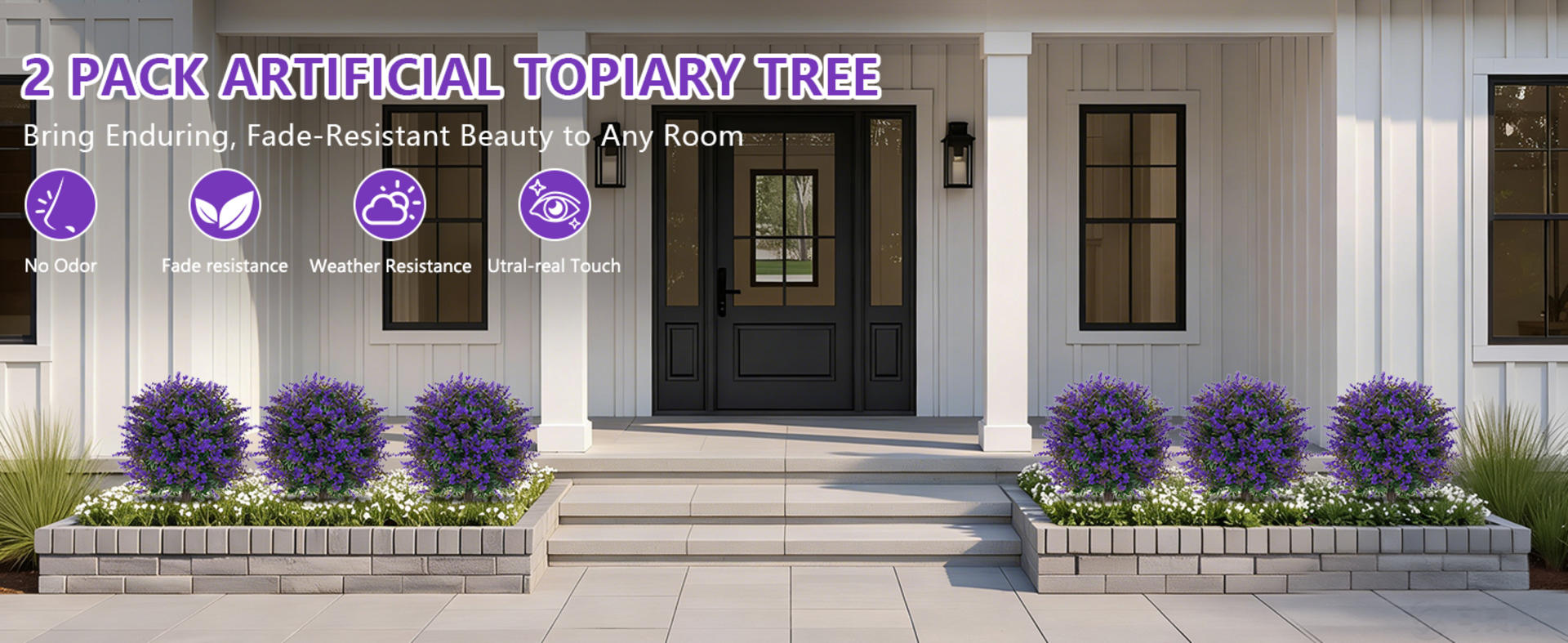 Set of 2 Artificial Lavender Topiary Balls with Stakes, UV Resistant Faux Boxwood Trees detail 5