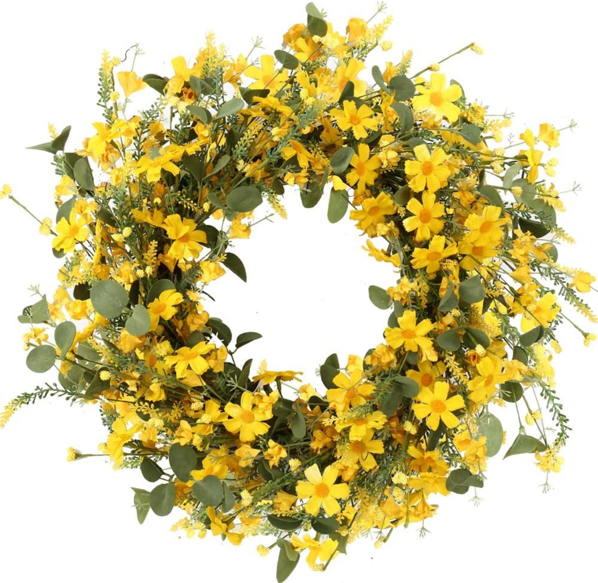 22 Inch Artificial Spring Wreath with Yellow Daisies and Lavender for Front Door Home Decor