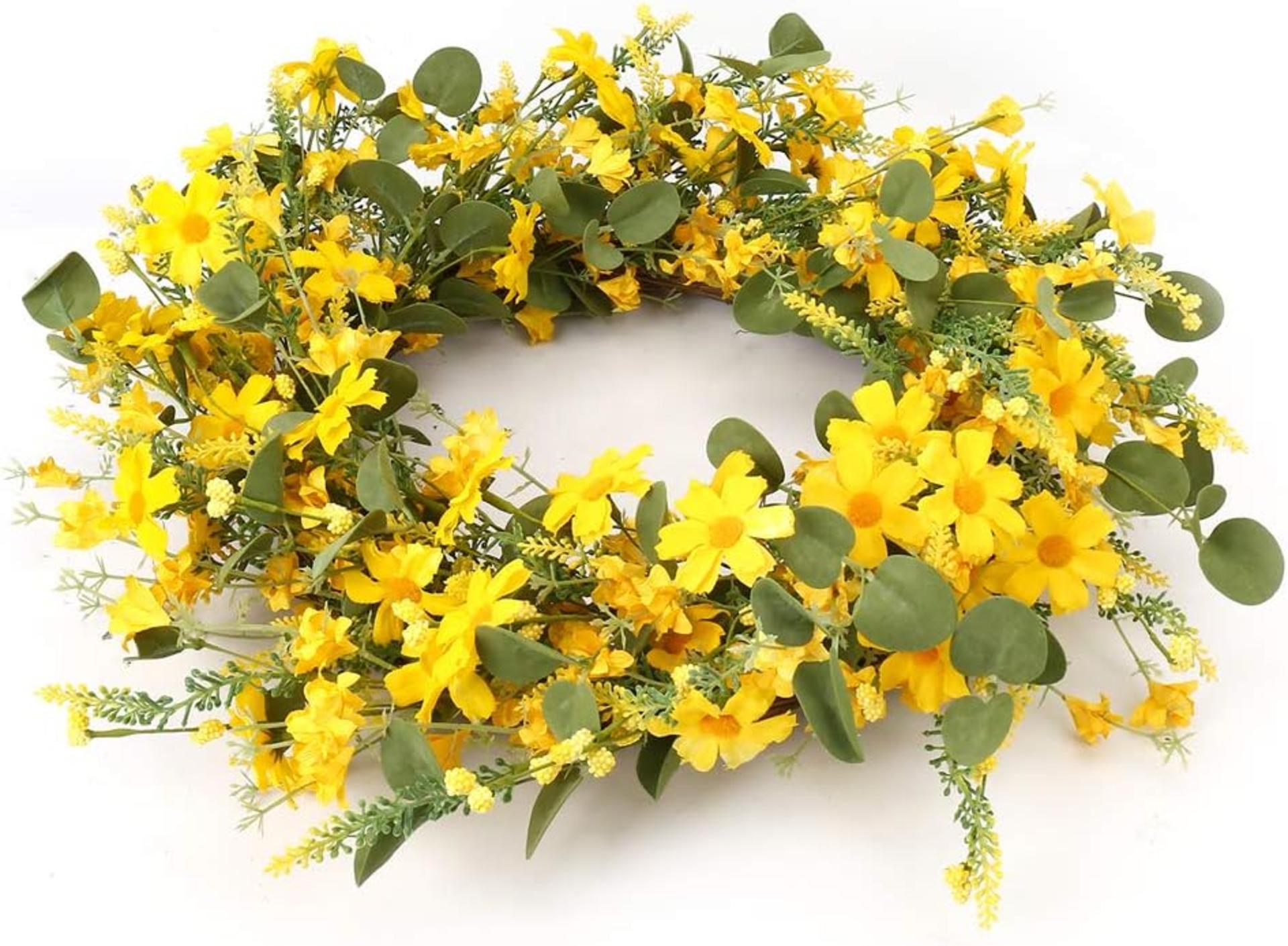 22 Inch Artificial Spring Wreath with Yellow Daisies and Lavender for Front Door Home Decor - 3